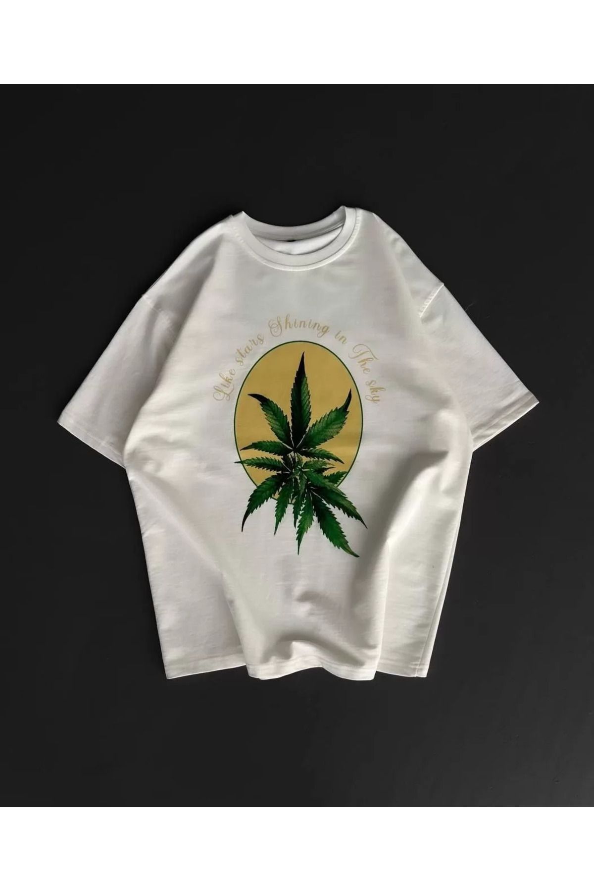 FantaziAtölyesi Ön ve Arka Baskılı Oversize Bisiklet Yaka T-shirt- Beyaz
