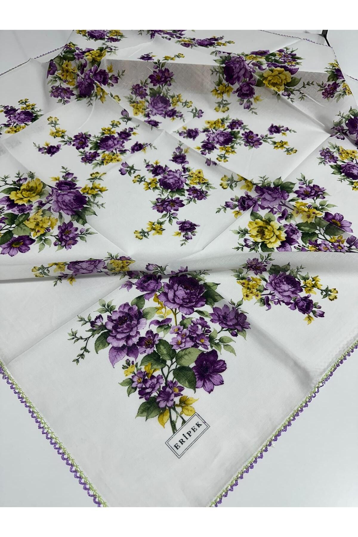 Eripek Oyalı Pamuk Tülbent- 05096 95 X 95 Beyaz - Mor 6