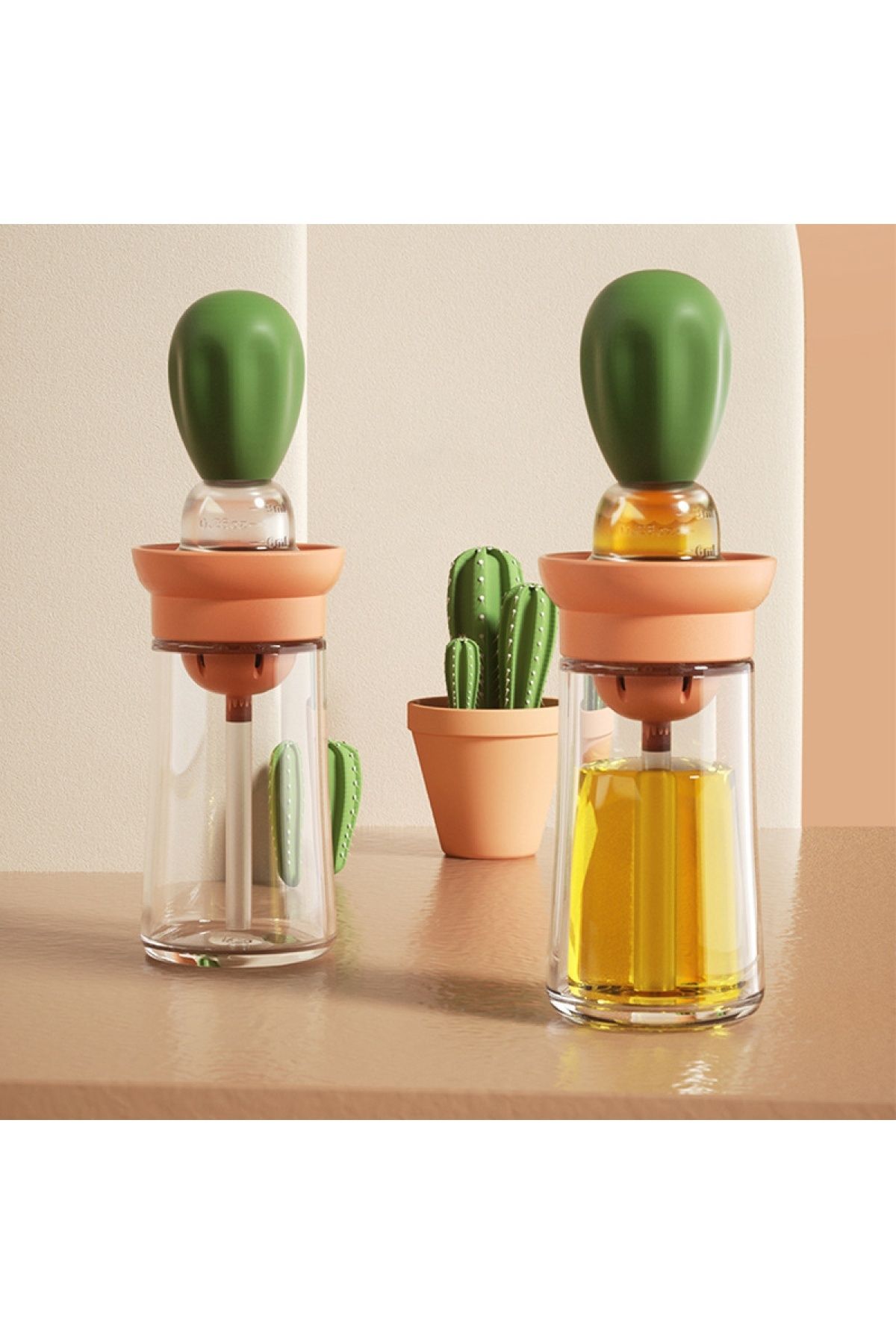 naque Kaktüs Yağdanlık 2 İn 1 Silikon Fırçalı Cam Yağdanlık Yumurta Ve Sos Fırçası 150 ml