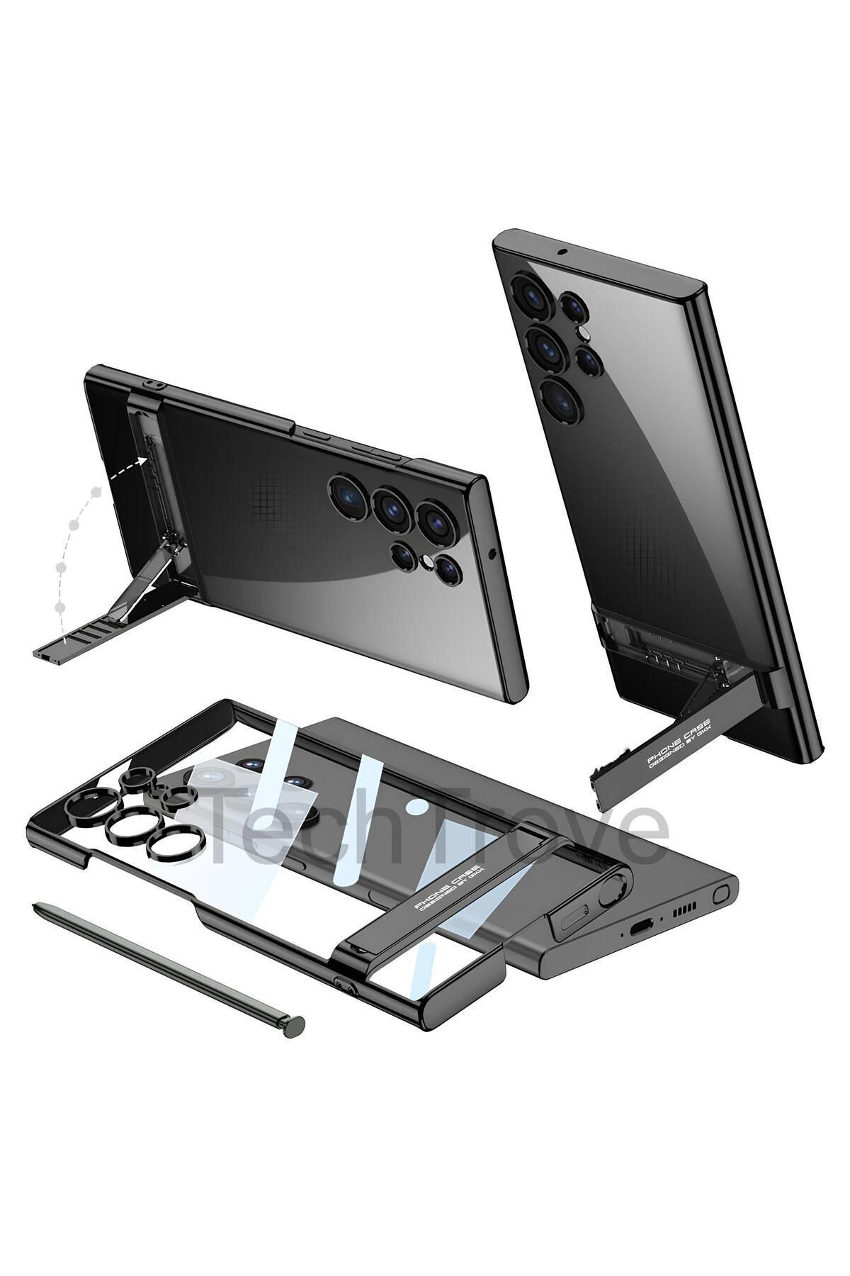 TechTrove Galaxy S24 Ultra Zore Kamera Korumalı Şeffaf Dikey Standlı Ays Kapak