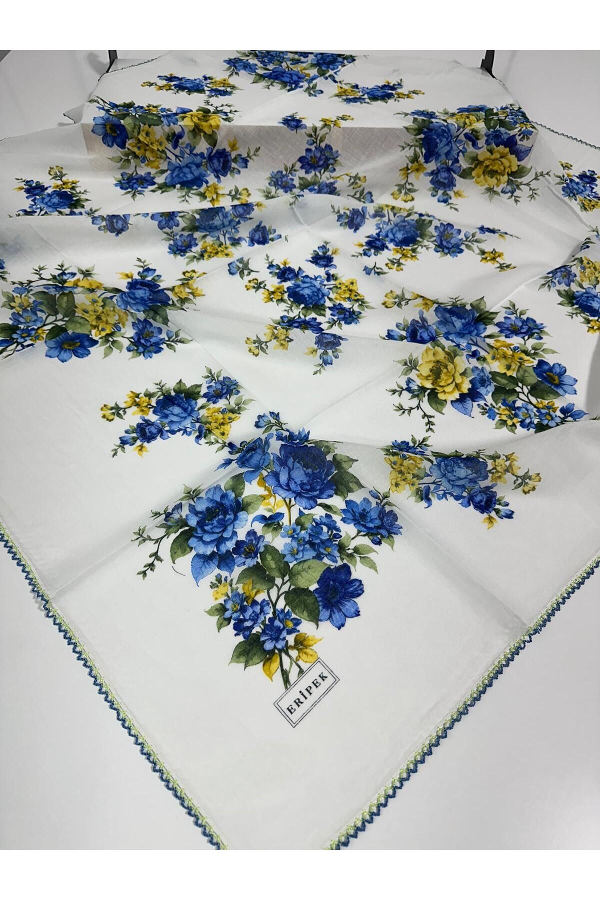 Eripek Oyalı Pamuk Tülbent- 05096 95 X 95 Beyaz - Mavi 3