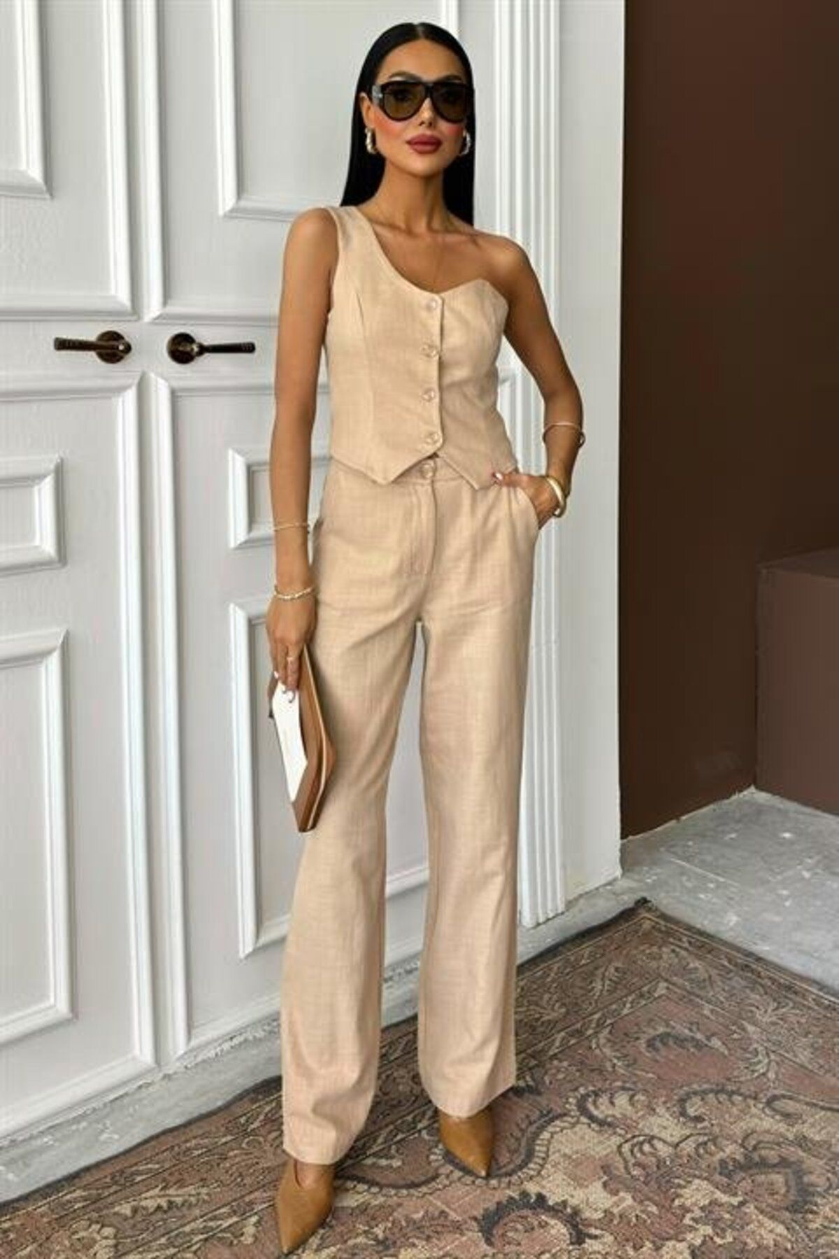 1001moda Tek Omuz Büstiyer Plazzo Pantolon Viscon Takım 10159