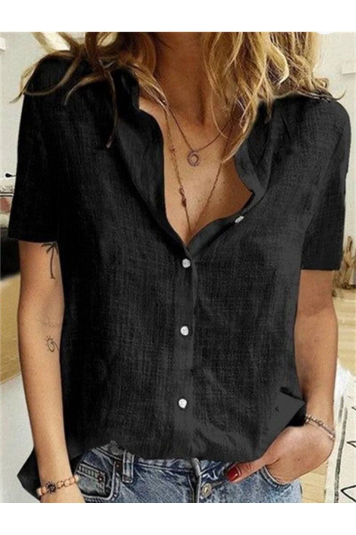 1001moda Kadın Kısa Kollu Basic Keten Gömlek