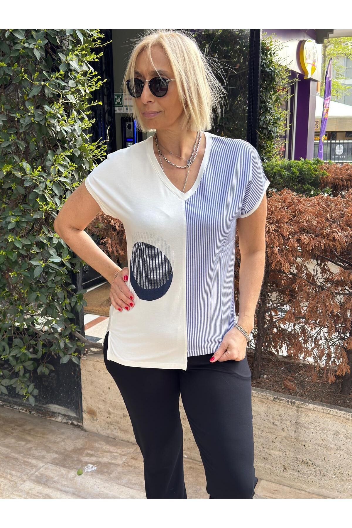 DAIDO Peçli Taş Baskılı Çizgili Tshirt