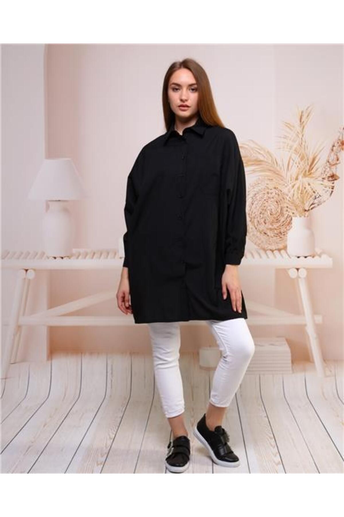 Shop58 Sade Basic Ovesize Gömlek - 70001 - Siyah