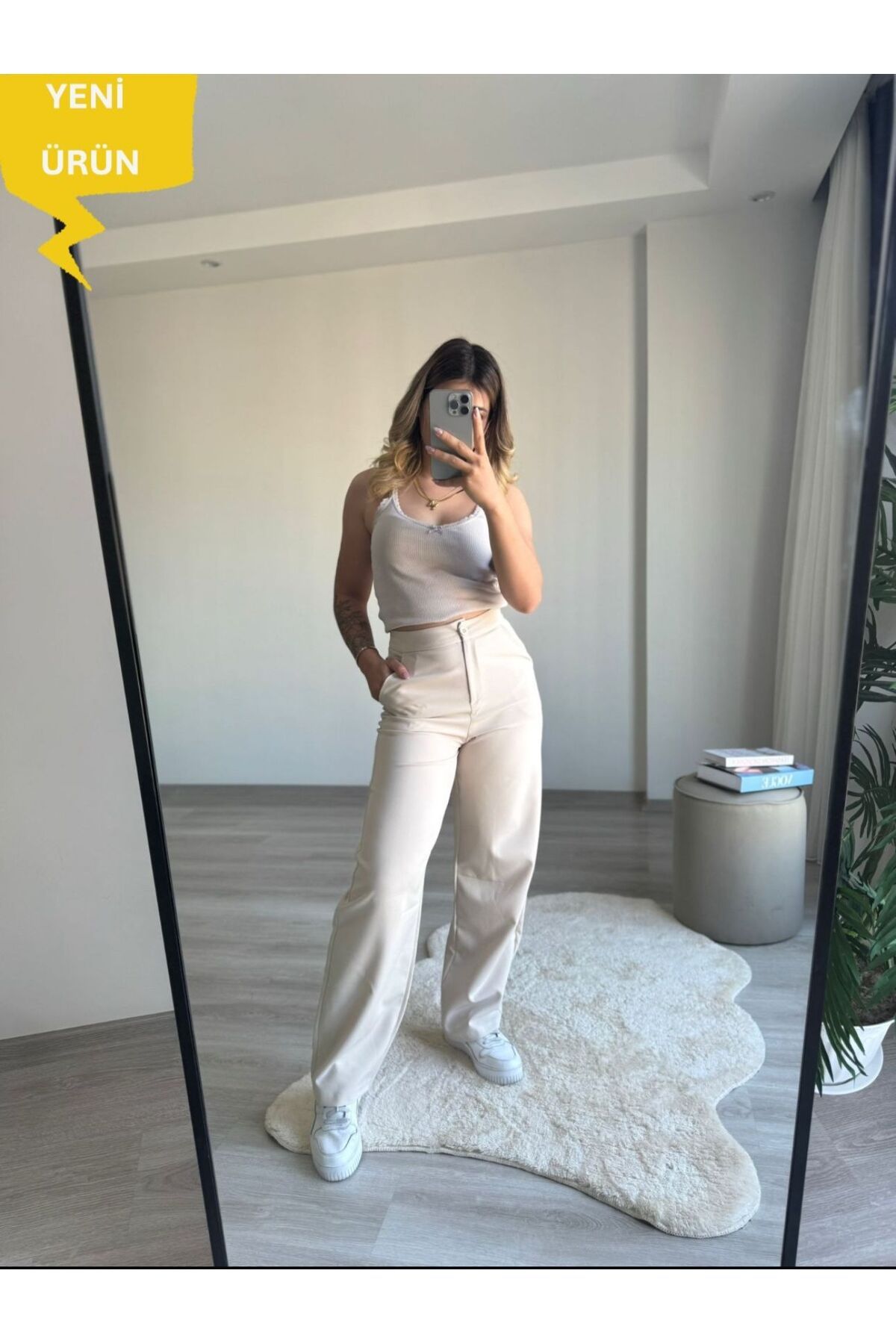 Shield Life Kumas Baggy BEJ Beli Tokalı Yüksek Bel Yazlık Pantolon Wide Leg Kalıp Kadın Pantolon Yaza Özel