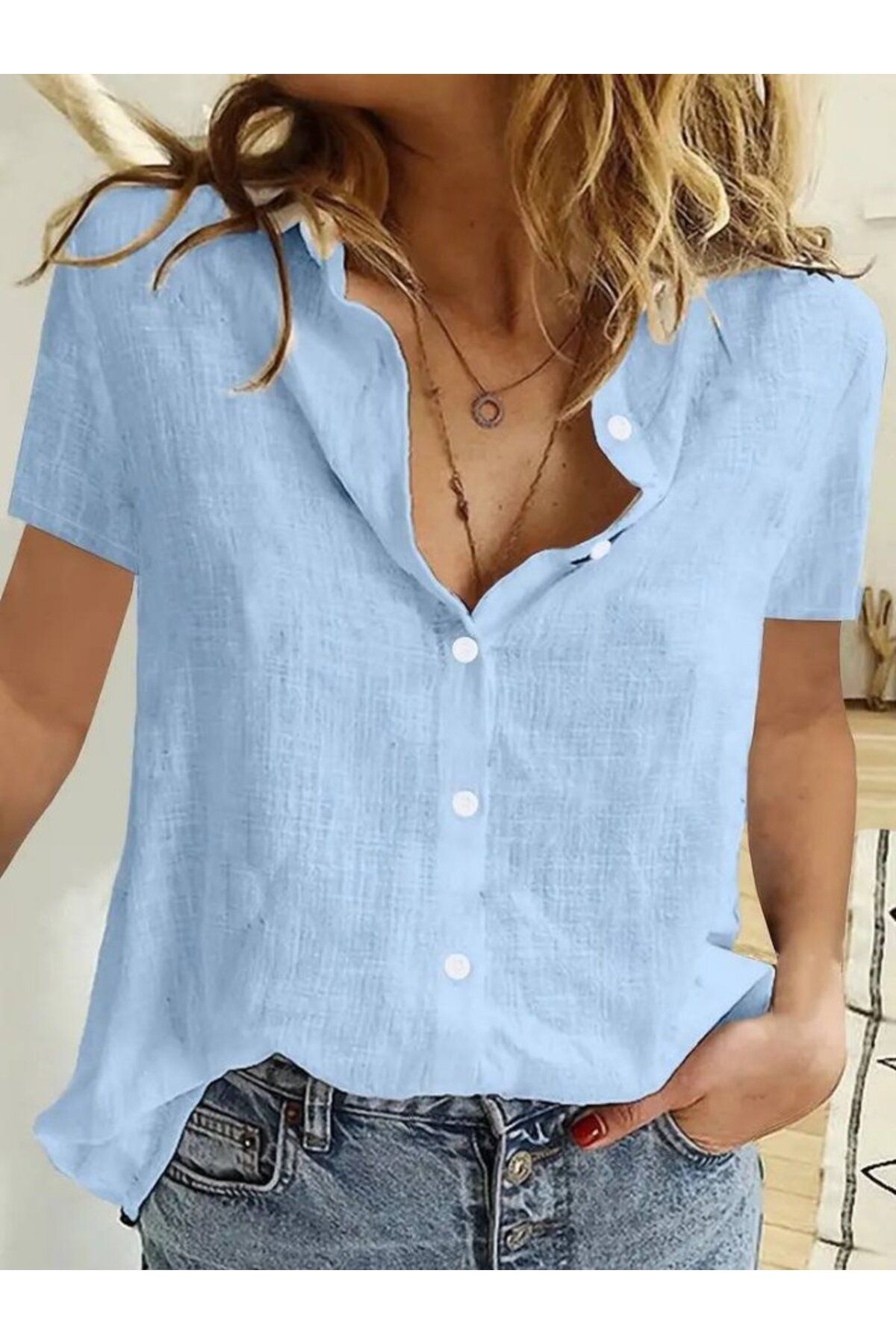 1001moda Kadın Kısa Kollu Basic Keten Gömlek