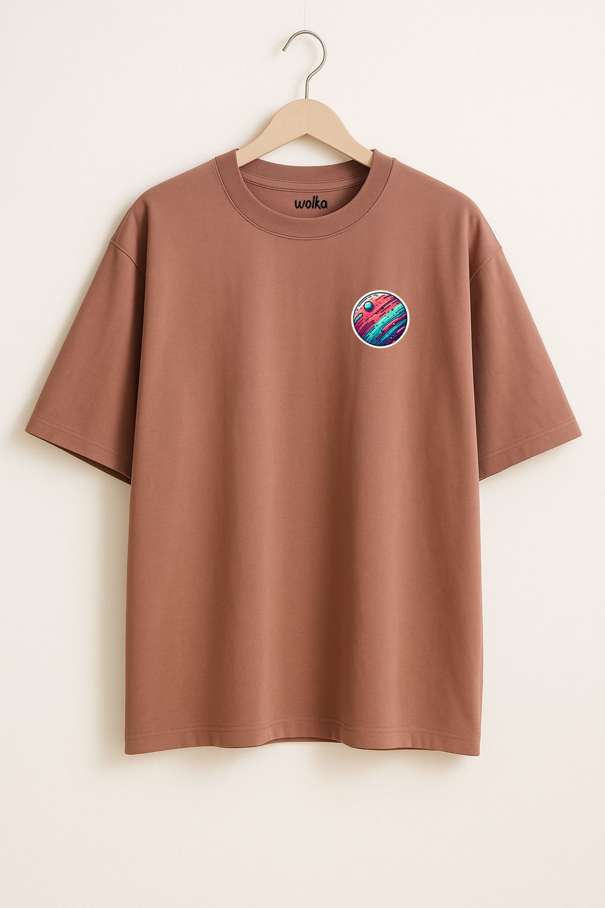 wolka Gezgen Baskılı Unisex %100 Pamuk Oversize Bisiklet Yaka Kahverengi T-shirt