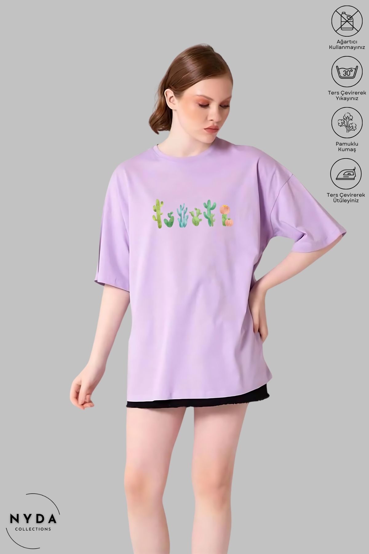 Nyda Collections Kadın Bisiklet Yaka Kaktüs Baskılı Pamuk Oversize Kısa Kollu Tişört