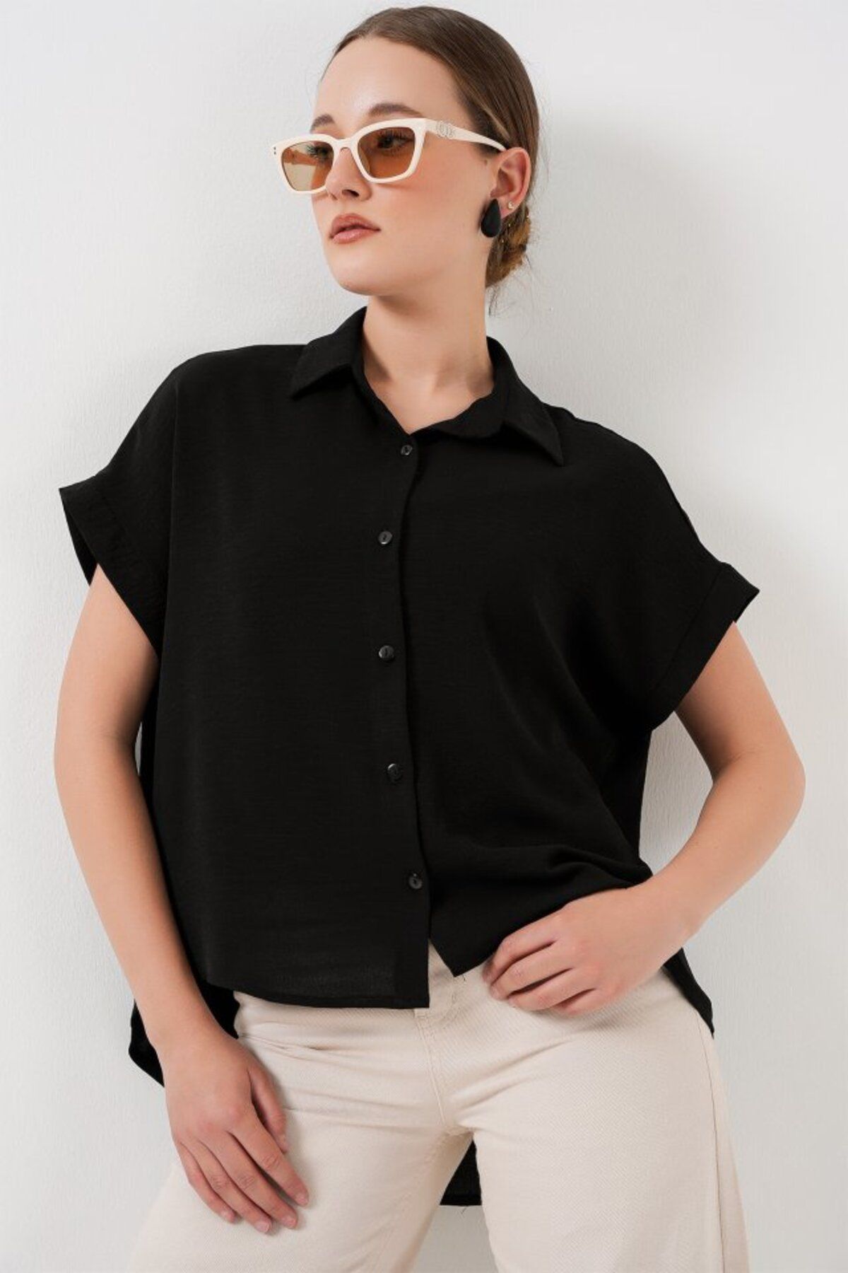 1001moda Oversize Kısa Kol Gömlek 20322 - Siyah