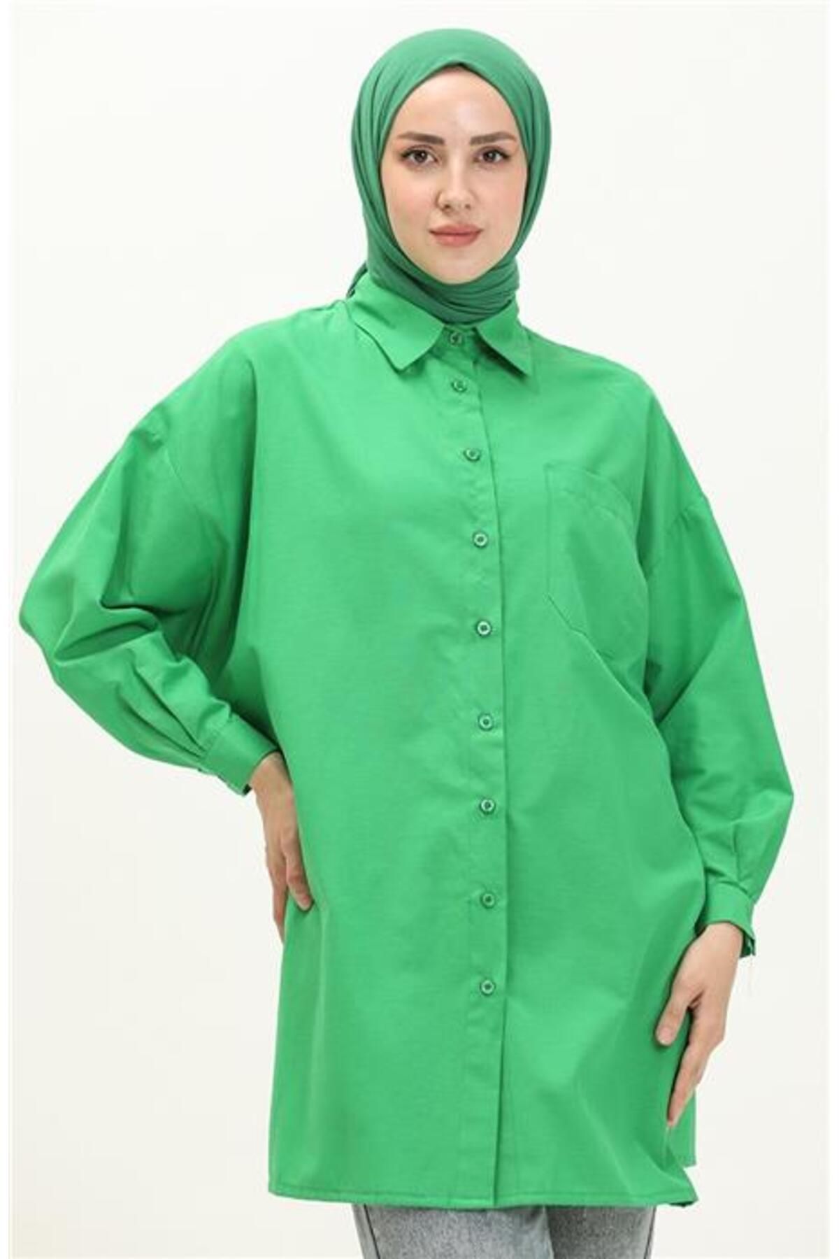Shop58 Sade Basic Ovesize Gömlek - 70001 - Benetton Yeşil