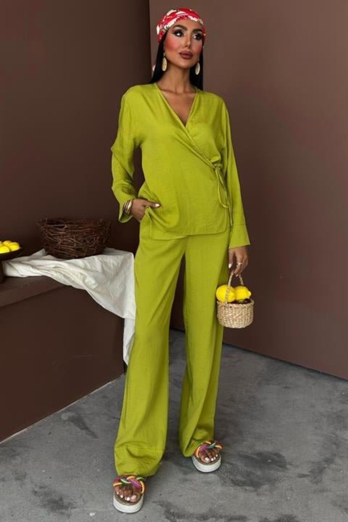 1001moda Kruvaze Model Klasik Pantolonlu Çupra Keten Takım 10191