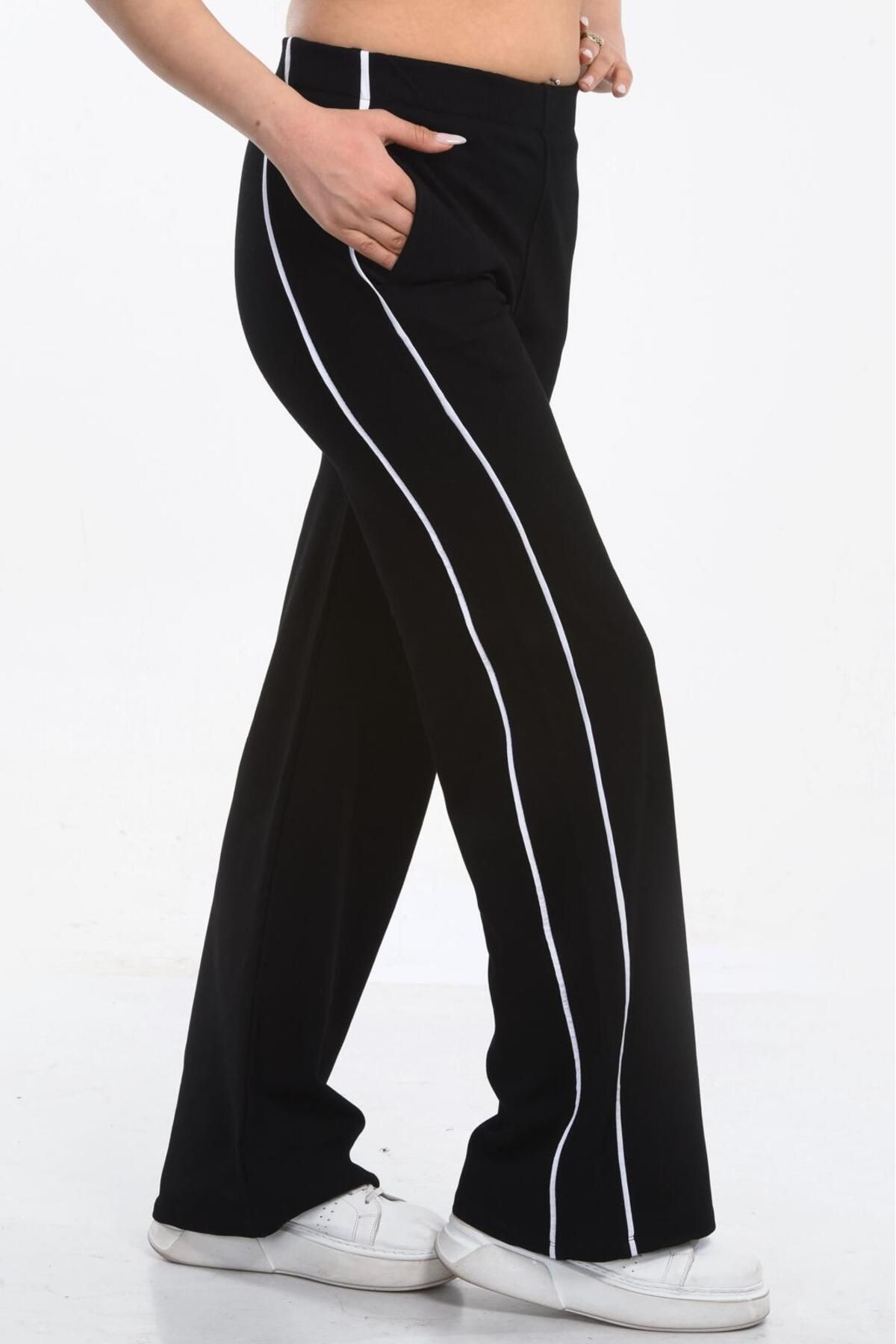 MİRA BUTİK Kadın Trend Bol Paça Modal Kumaş Eşofman Altı Çift Cepli Wide Leg Yanları Beyaz Şeritli