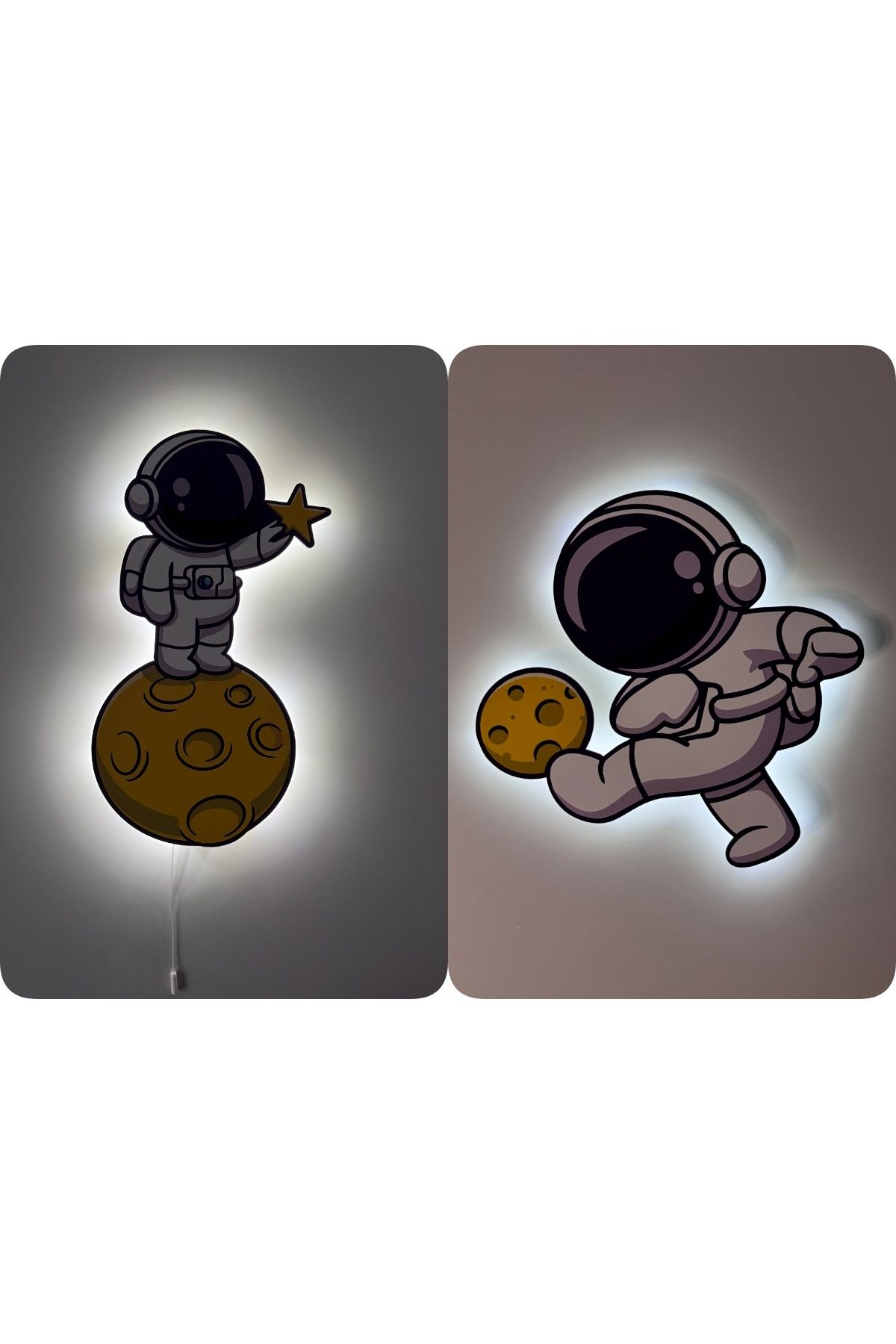 UViolets Dekoratif Baskılı Ay Yıldız Tutan Ay ile Top Oynayan Astronot Çocuk Odası Gece Lambası (2'Lİ ÜRÜN)