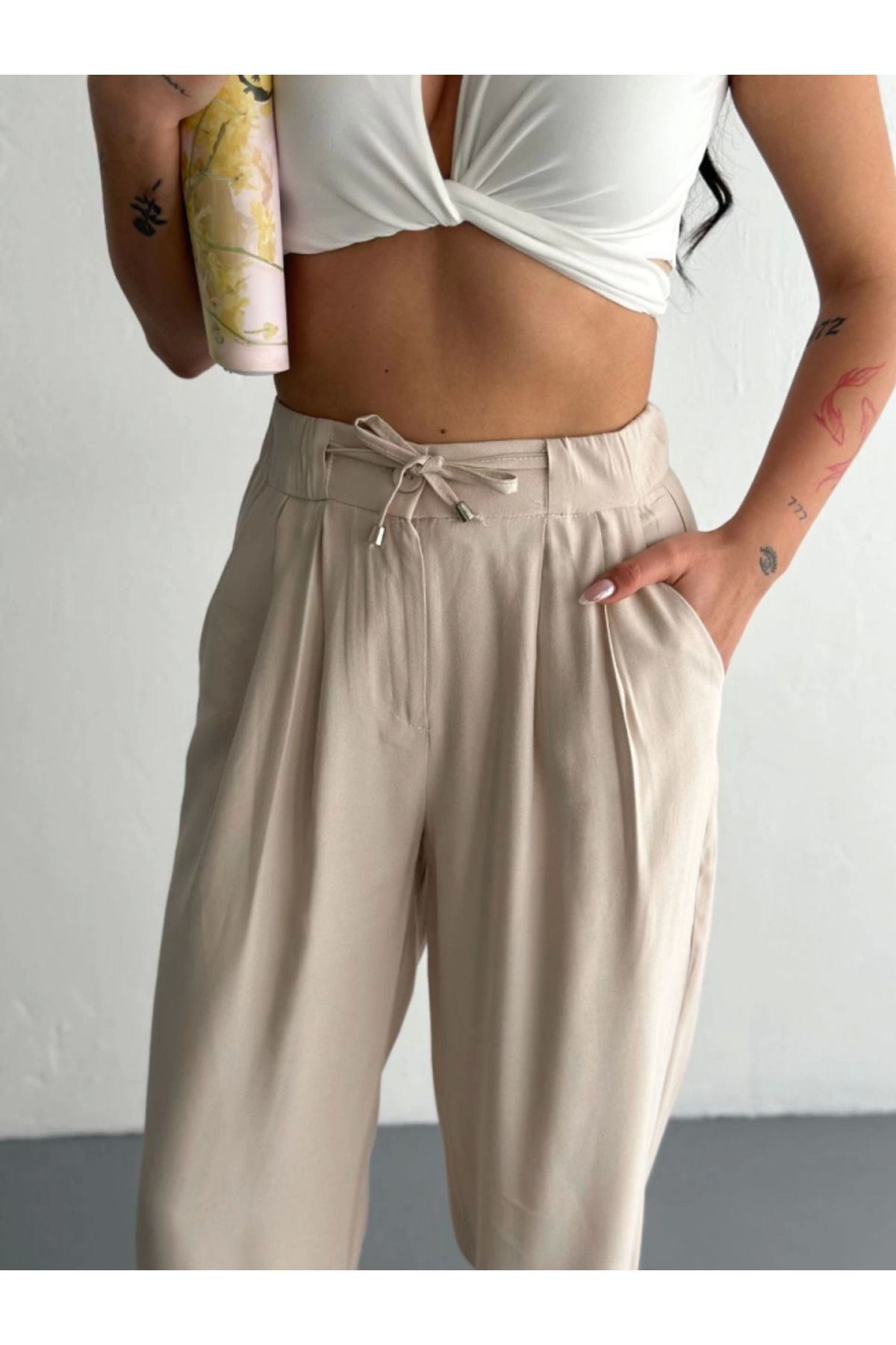 1001moda Yüksel Bel Rahat Paça Pantalon - Kırık Beyaz