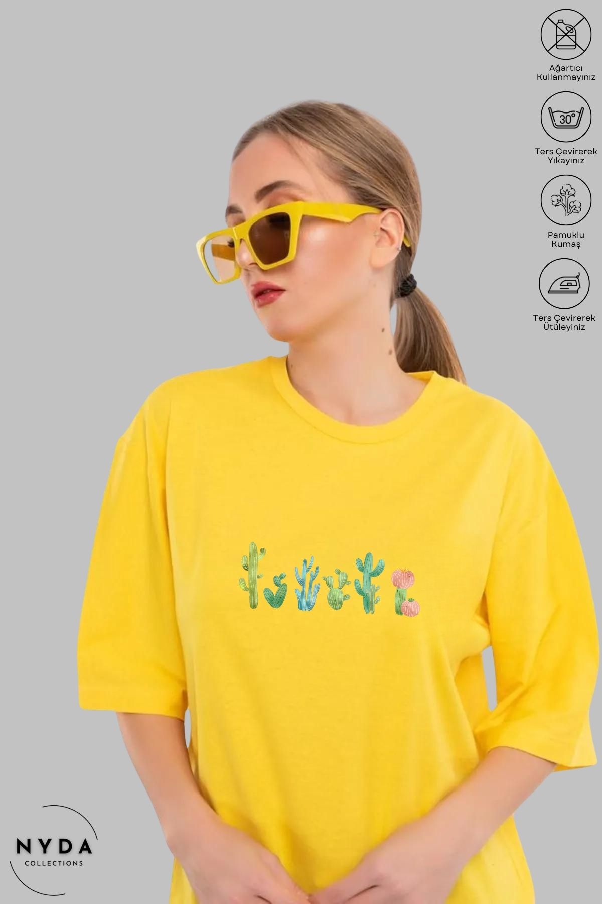 Nyda Collections Kadın Bisiklet Yaka Kaktüs Baskılı Pamuk Oversize Kısa Kollu Tişört