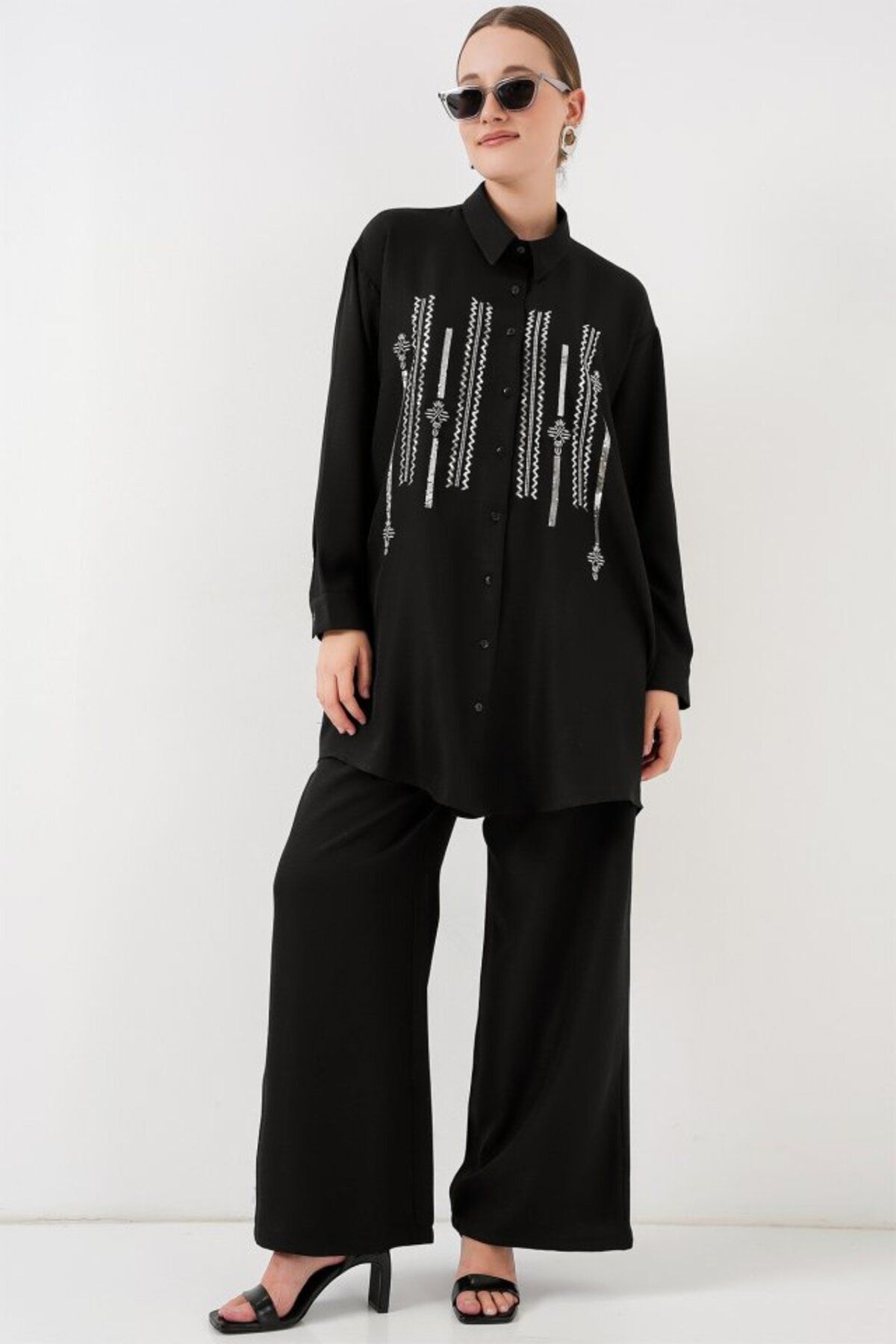 Moka Shopin Desenli Tunik Pantolon İkili Takım 6720 - Siyah