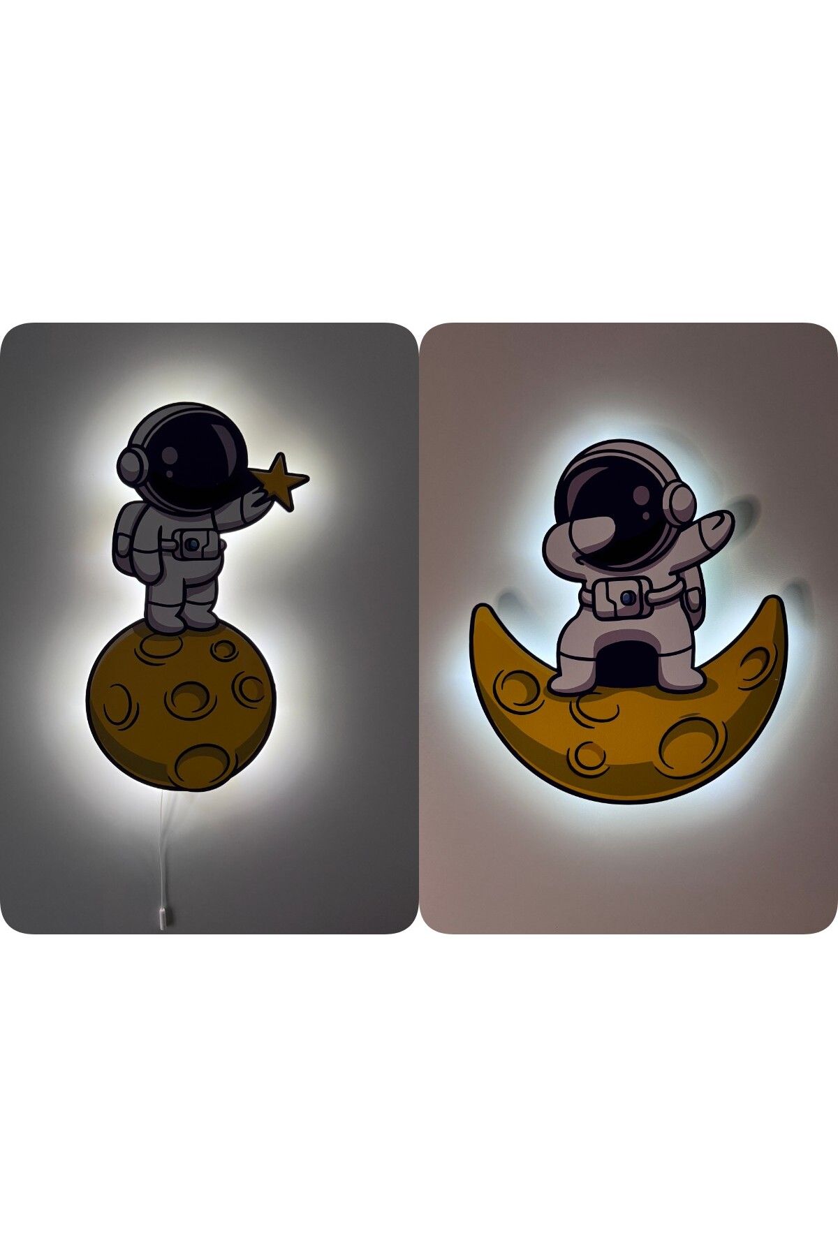 UViolets Dekoratif Ahşap Baskılı Ay Yıldız Tutan Ve Ay Üstünde Astronot Çocuk Odası Gece Lambası (2'Lİ ÜRÜN)
