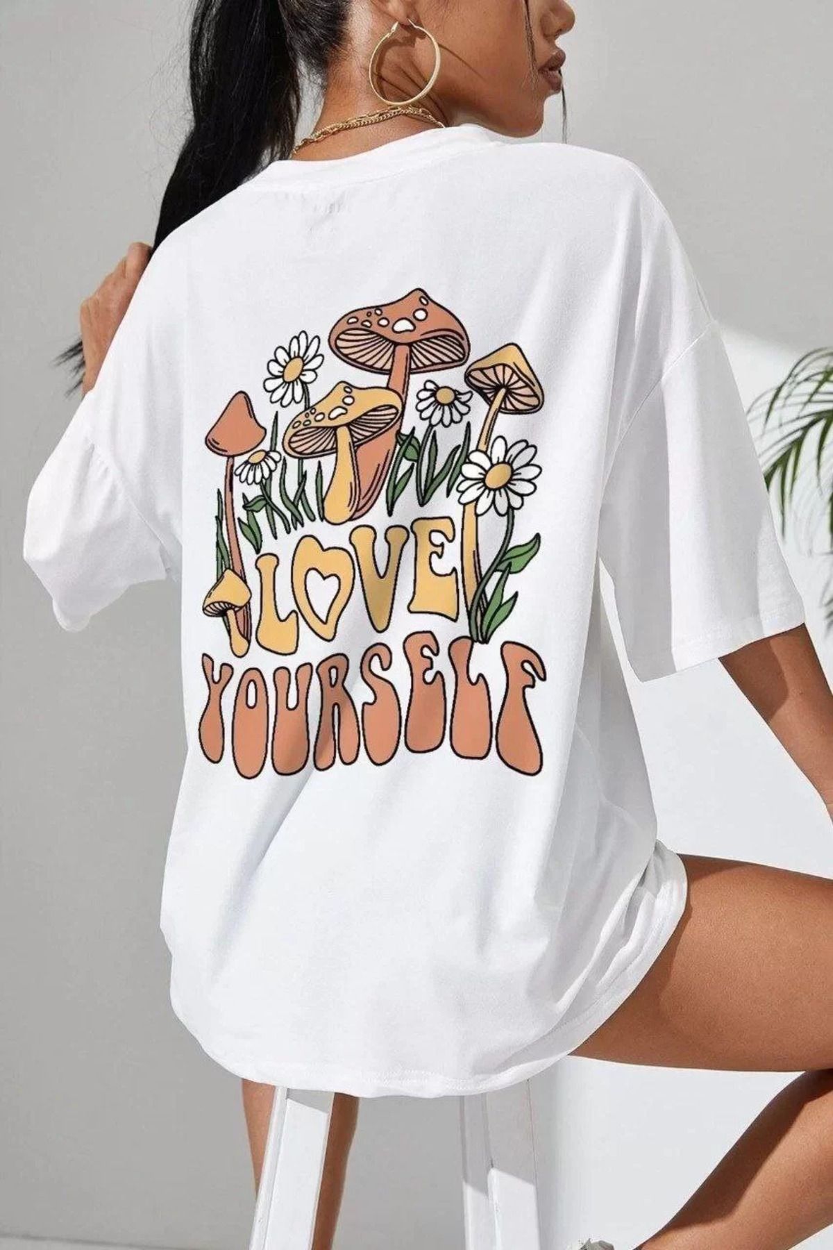 FantaziAtölyesi Unisex Baskılı Oversize T-Shirt - Beyaz