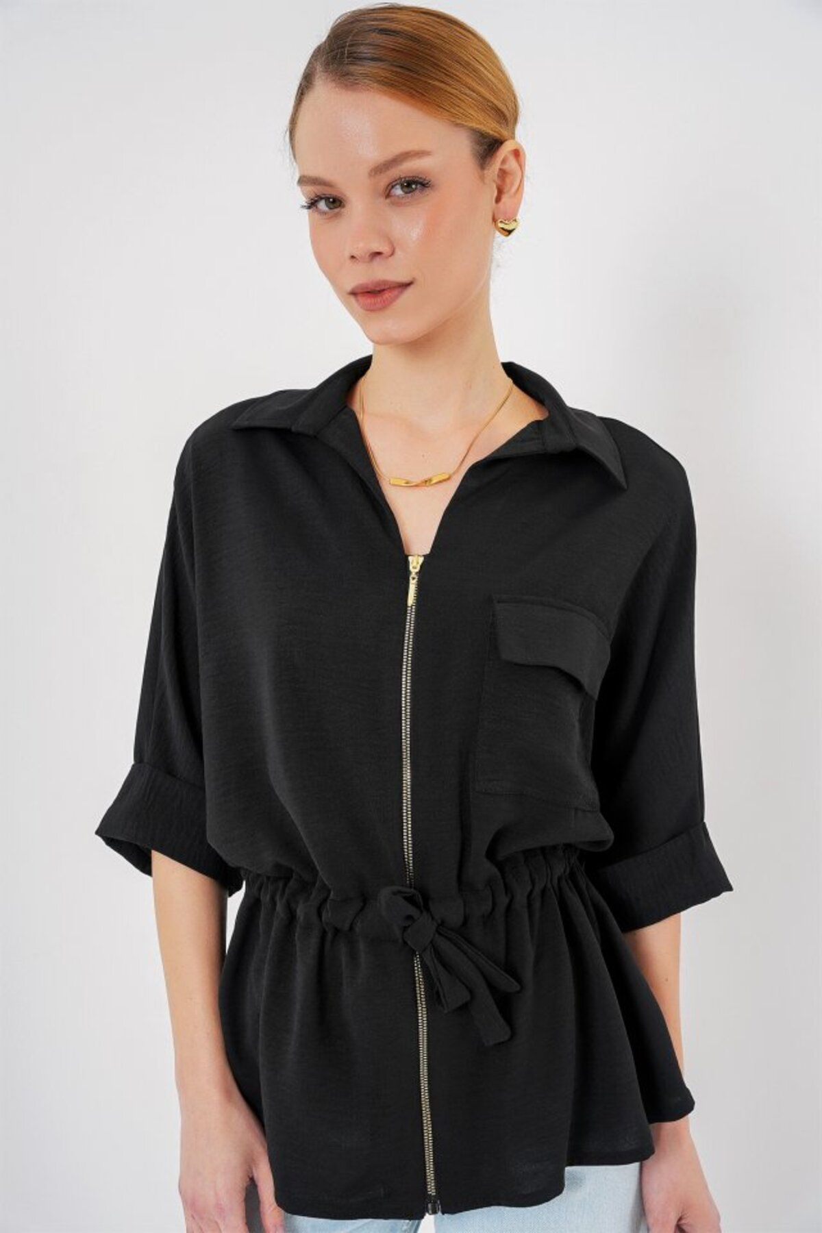 1001moda Fermuarlı Gömlek 0721 - Siyah