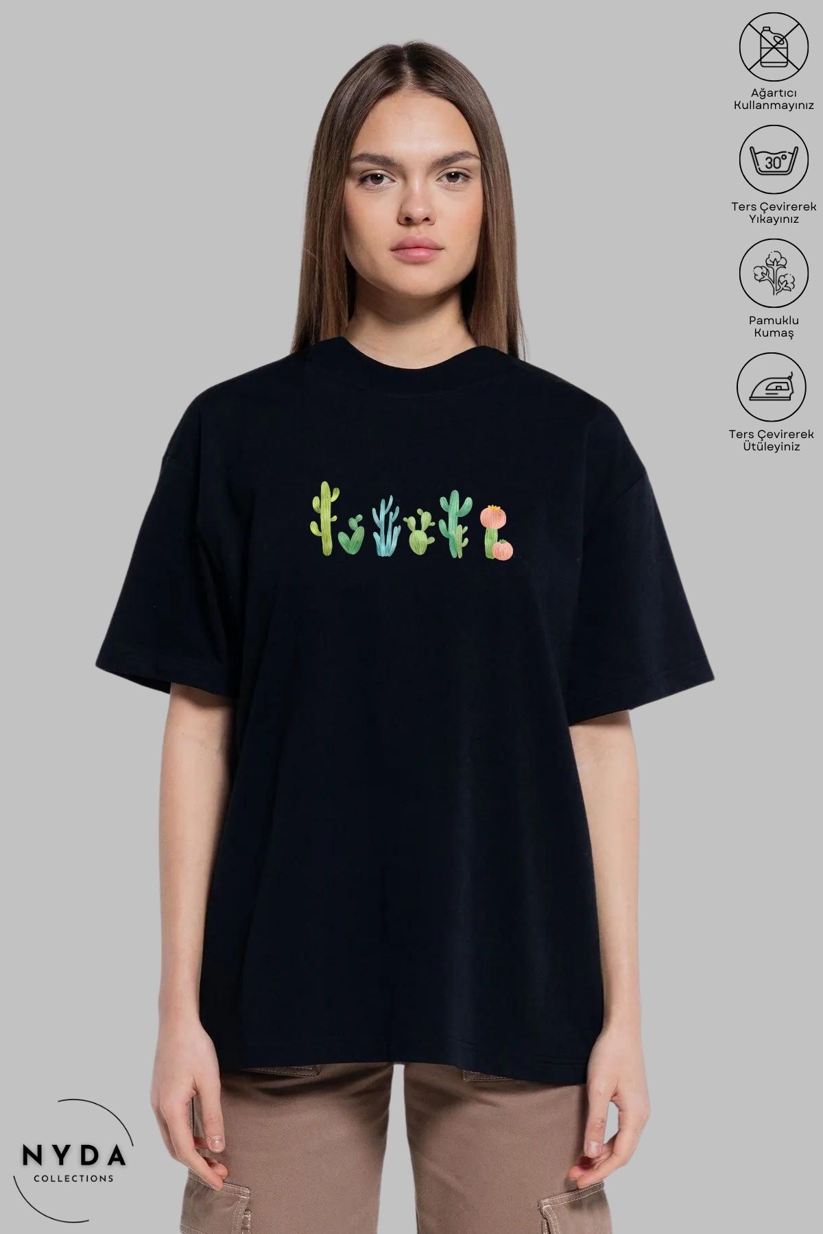 Nyda Collections Kadın Bisiklet Yaka Kaktüs Baskılı Pamuk Oversize Kısa Kollu Tişört