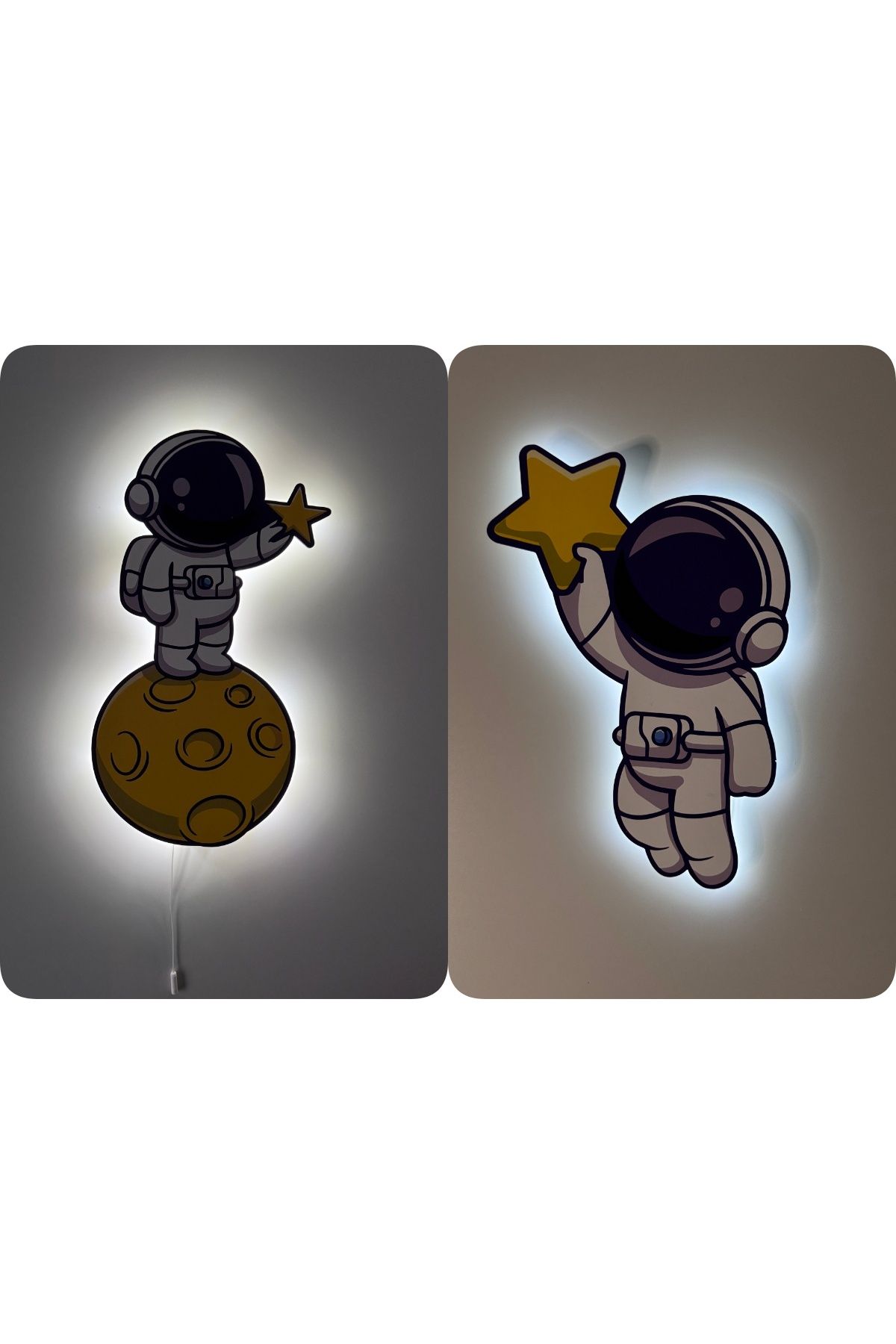 UViolets Dekoratif Baskılı Ay Yıldız Tutan Ay ile Yıldız Tutan Astronot Çocuk Odası Gece Lamba (2'Lİ ÜRÜN)