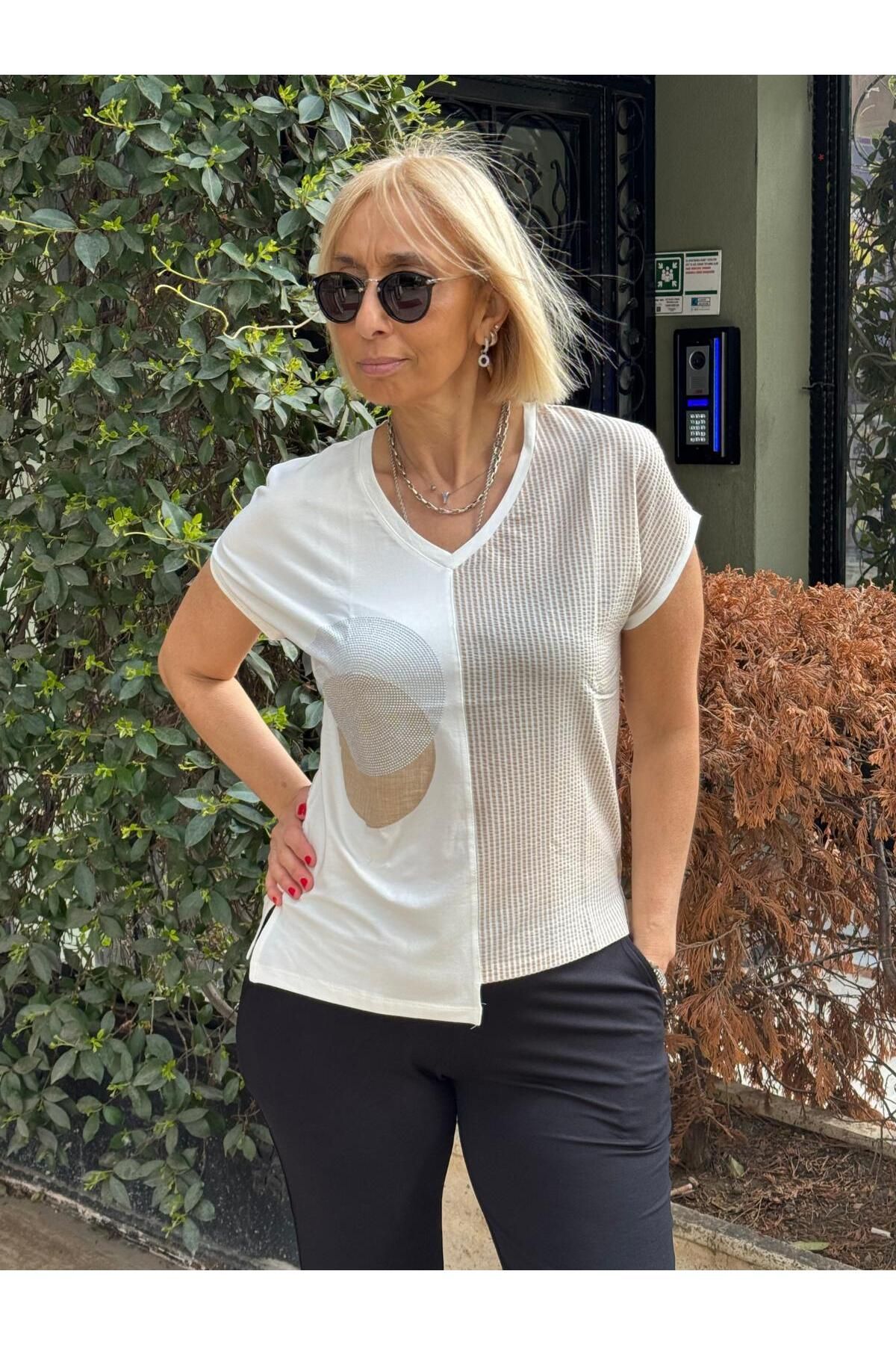 DAIDO Çizgili Daire Taşlı Garnili Tshirt