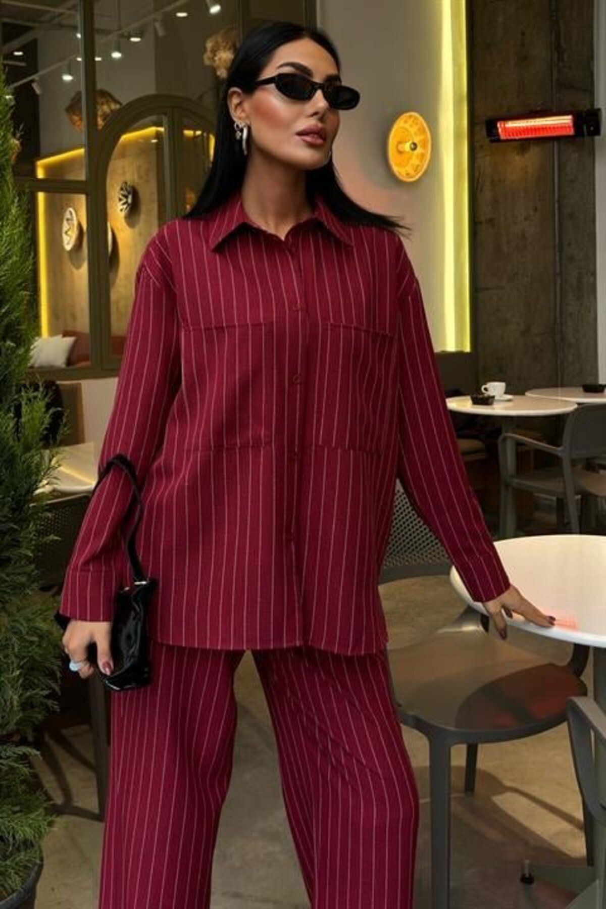 Kıvanç Moda Palazzo Pantolonlu Çizgili Takım 10092