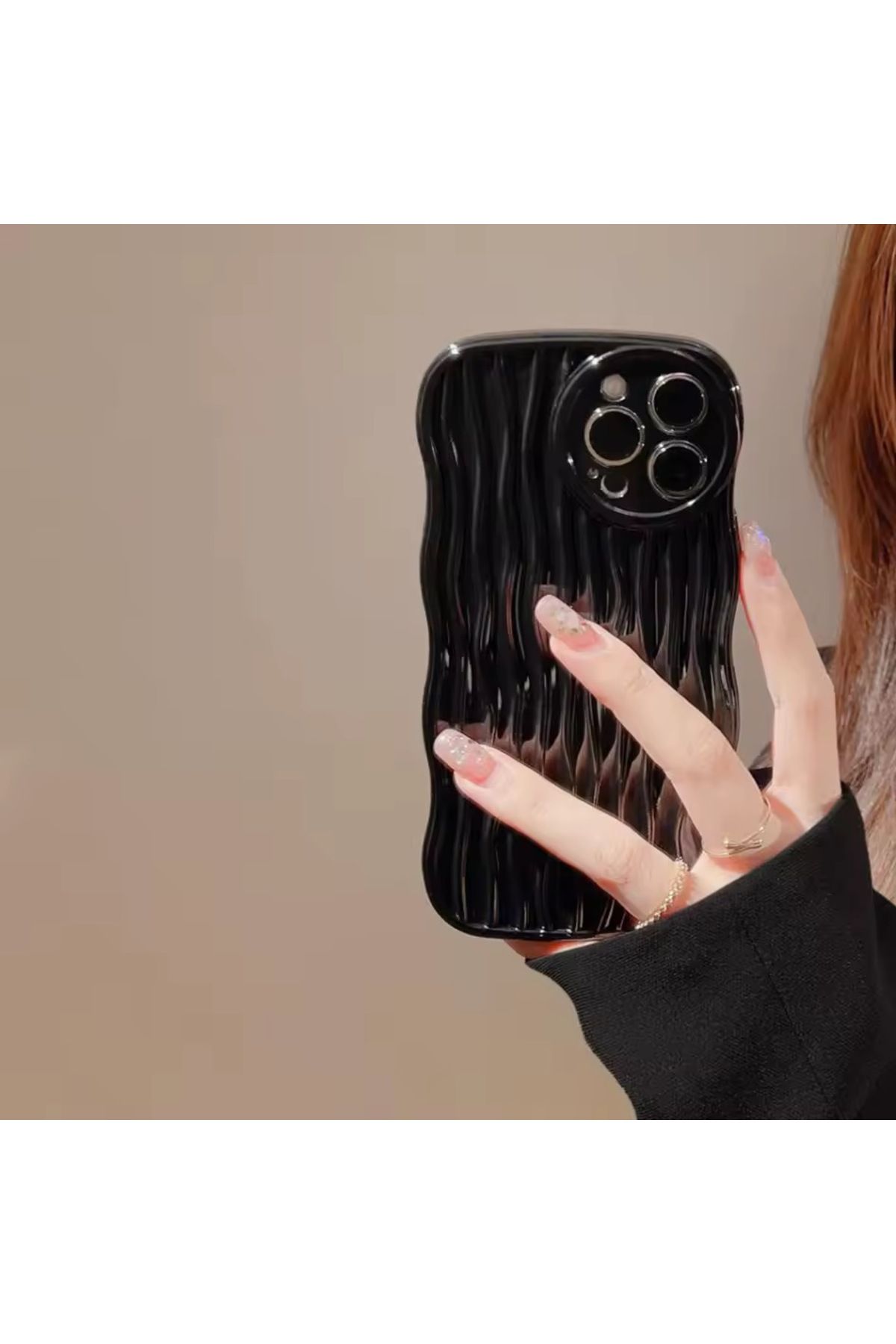 MirazTasarim IPHONE 14 PRO SİYAH PARLAK DALGALI KENARLI ÇİZGİ DETAYLI KILIF