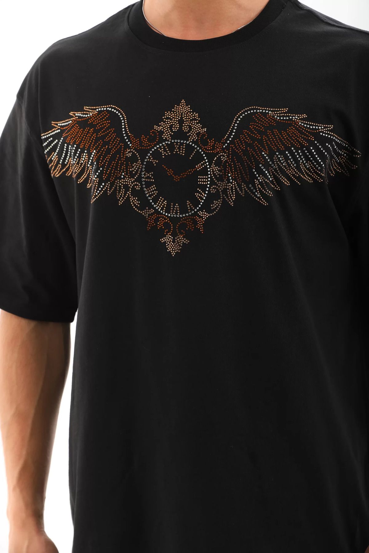 FantaziAtölyesi Unisex Oversize Taşlı Bisiklet Yaka T-Shirt - Siyah