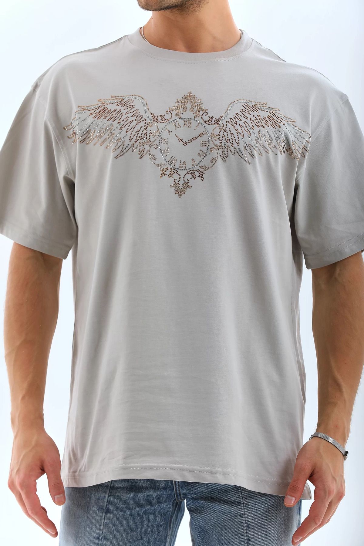 FantaziAtölyesi Unisex Oversize Taşlı Bisiklet Yaka T-Shirt - Gri