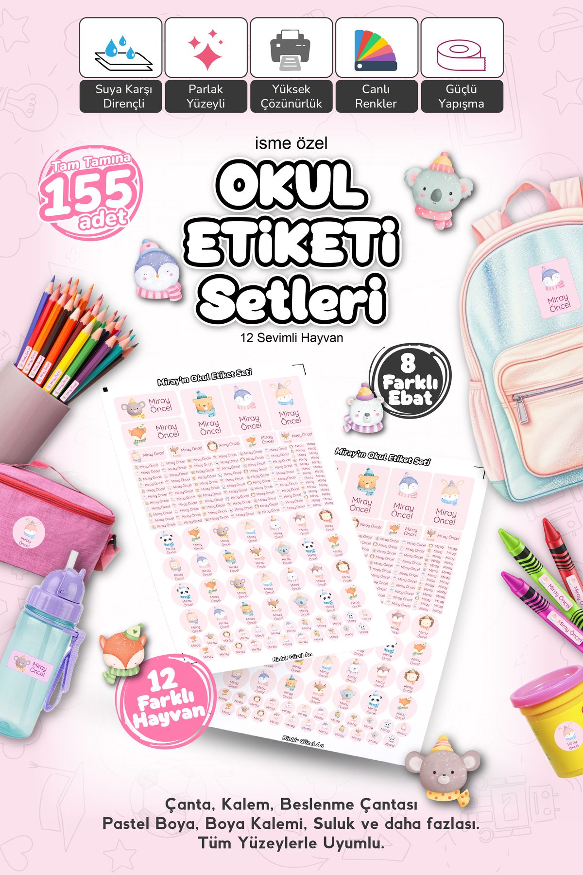 Binbir Güzel An Sevimli Hayvanlar Temalı Okul Etiketi / Sticker - İsme Özel - 155 Adet