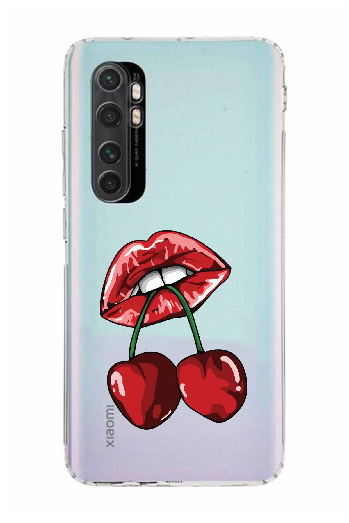 moonset Xiaomi Mi Note 10 Lite Uyumlu Dudak ve Kiraz Tasarımlı Baskılı Şeffaf Telefon Kılıfı