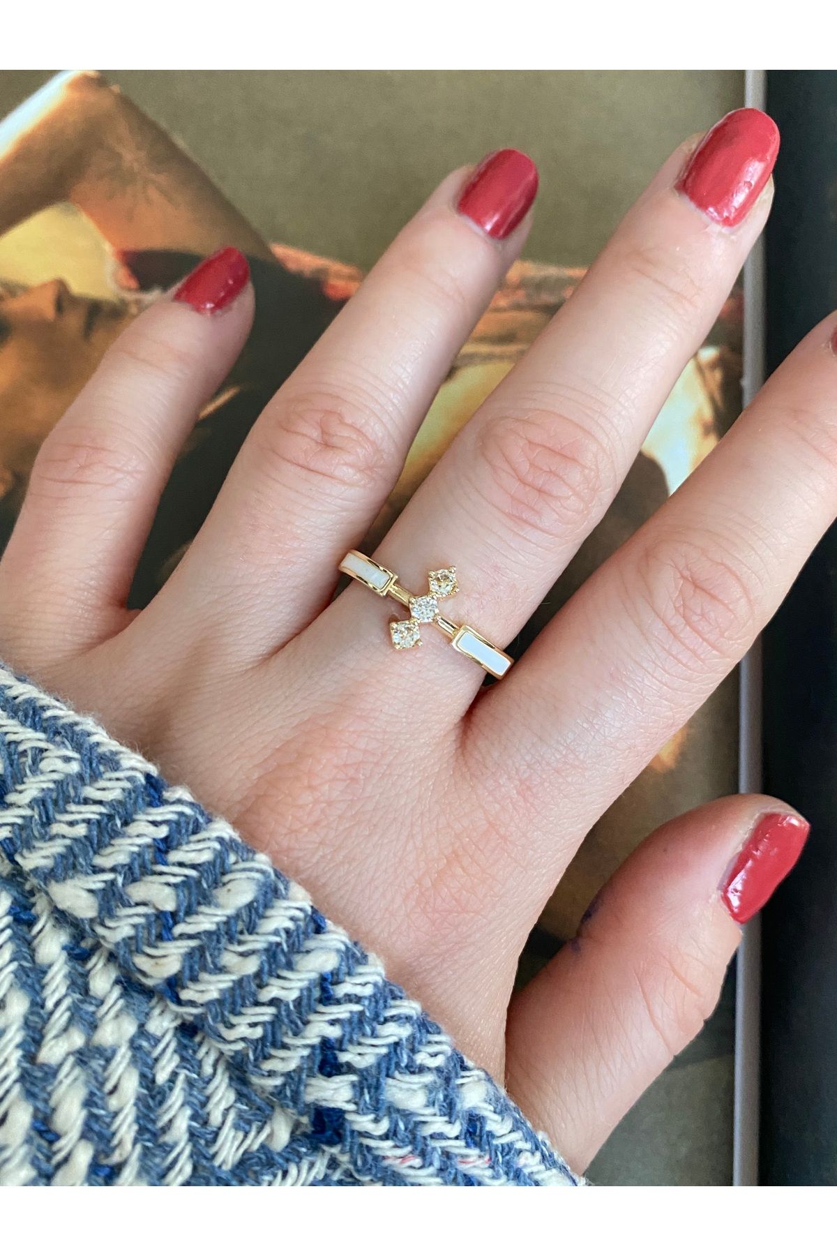 Pinery Jewels 3 Taşlı Minimal Ayarlanabilir Kadın Yüzük
