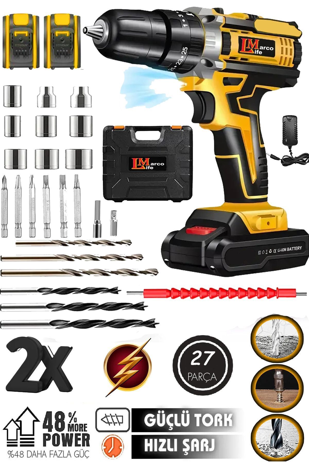 MARCO LİFE alman stg serii -44 mode çift akülü 27pcs set hediyeli delme vidalama matkap