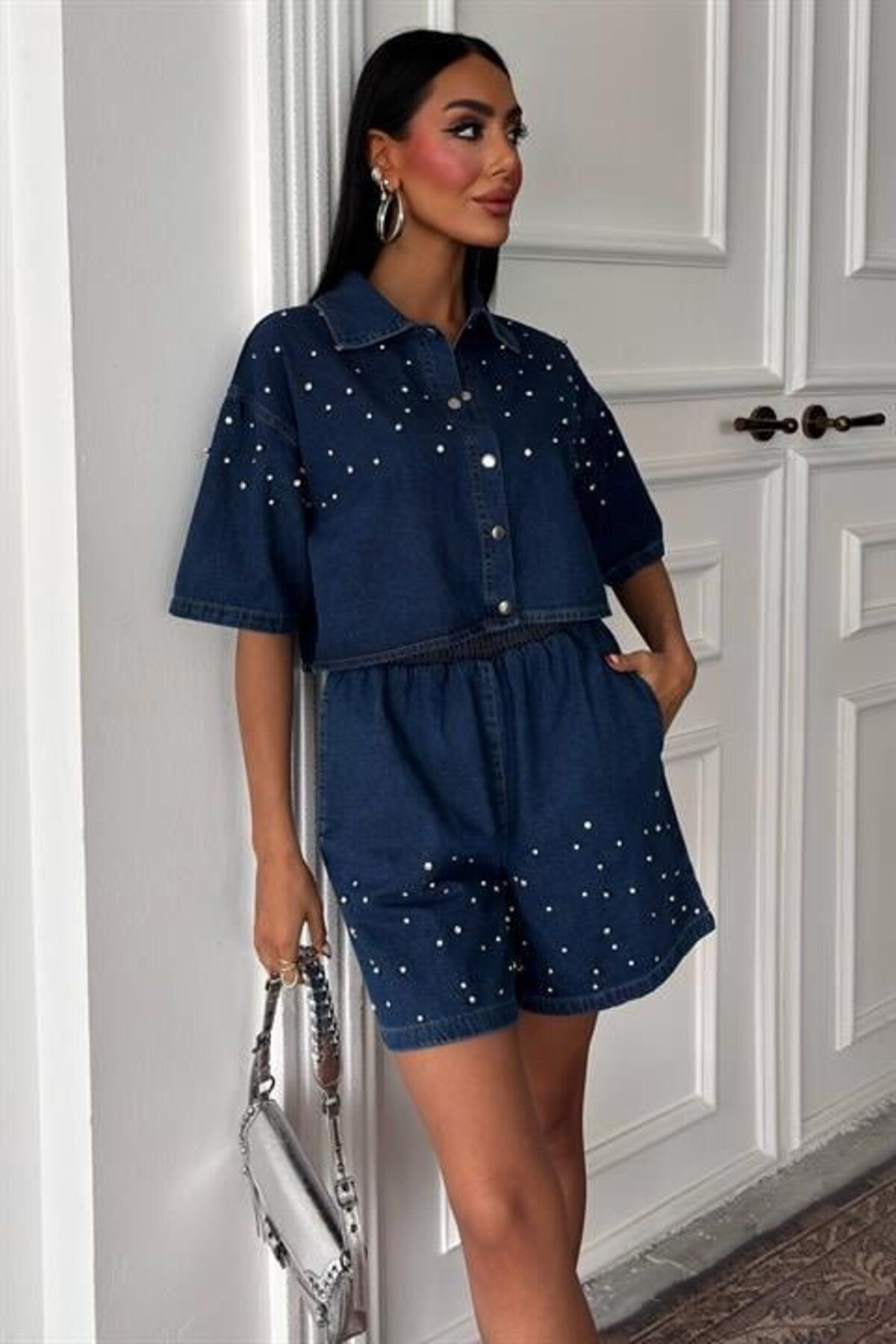 velmorafashion Taş Detaylı Gömlek Şort Denim Takım 10175