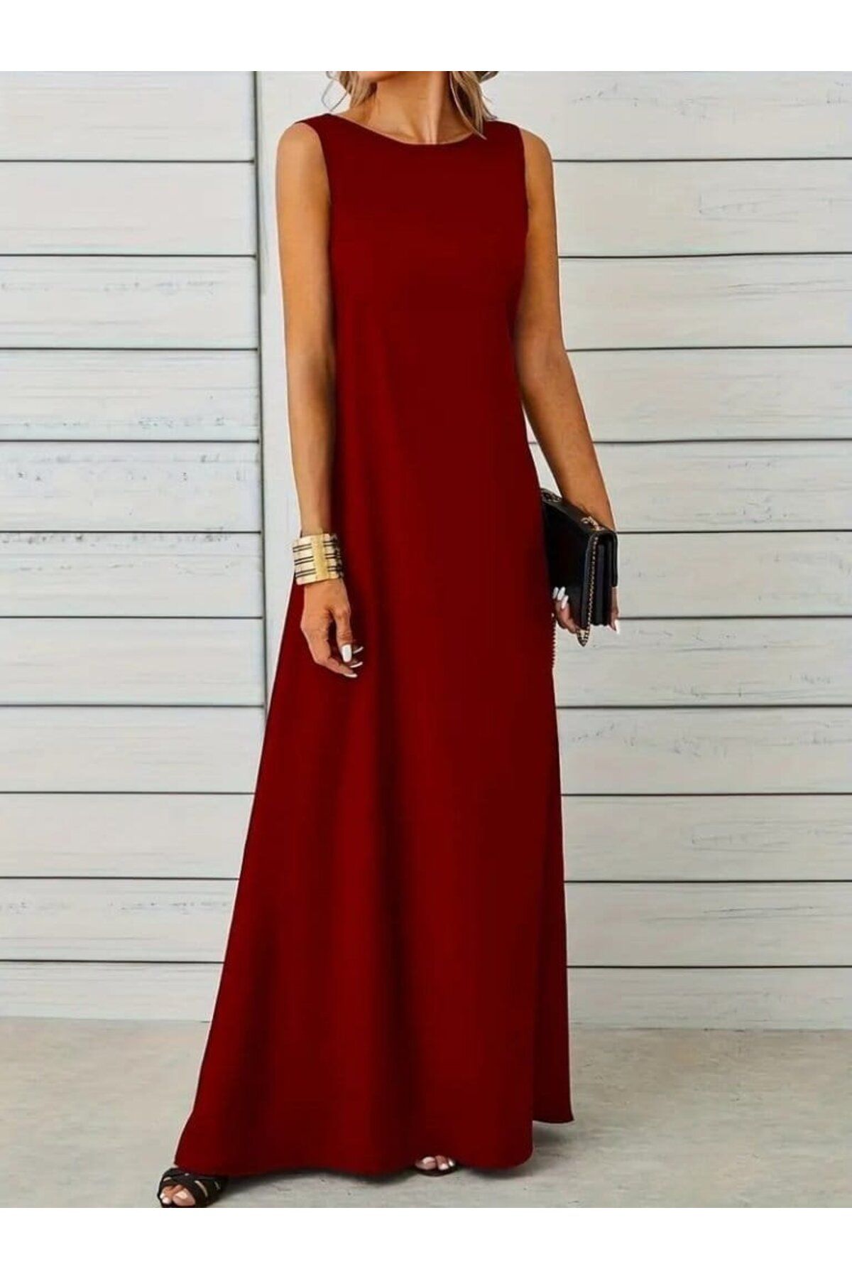 velmorafashion Kadın Kolsuz Kayık Yaka Maksi Janjan Krep Elbise