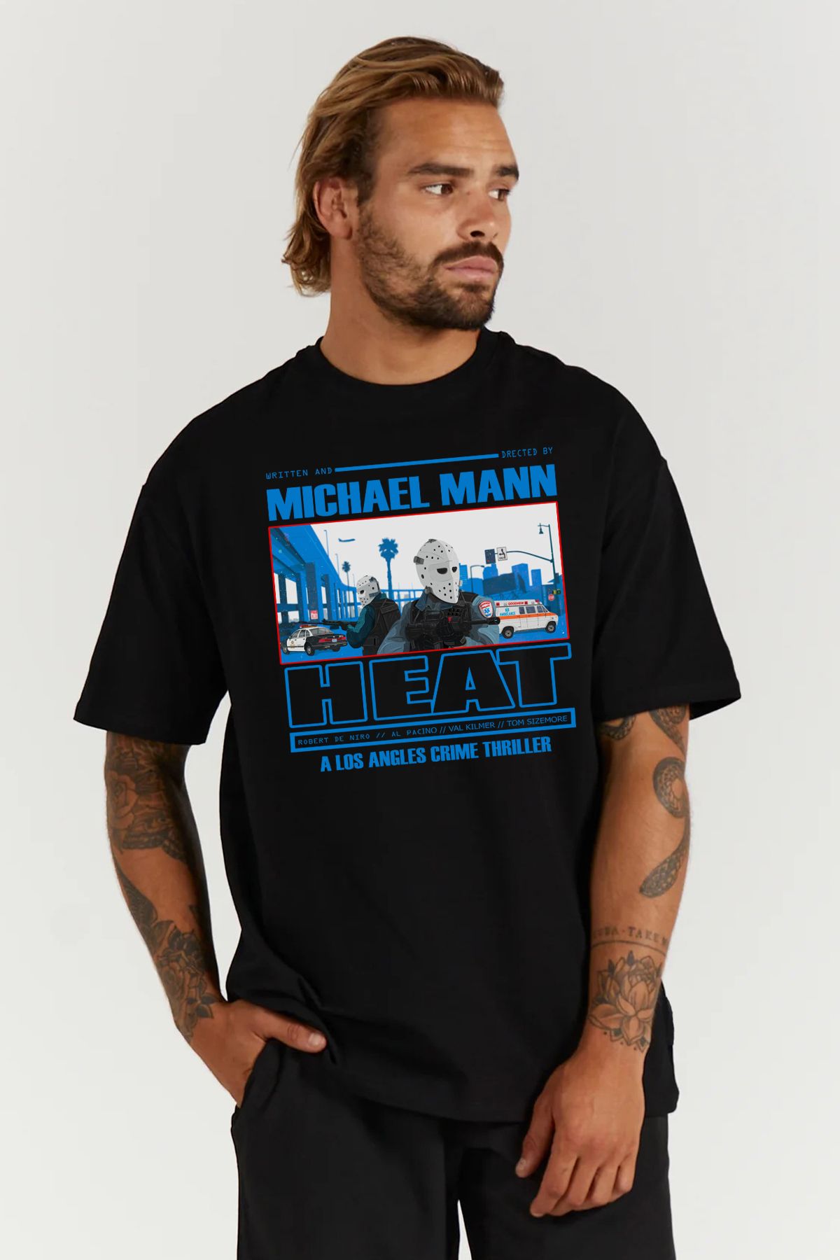 MODA Heat Büyük Hesaplaşma Al Pacino Robert De Niro Val Kilmer Baskılı Siyah Erkek Oversize Tişört