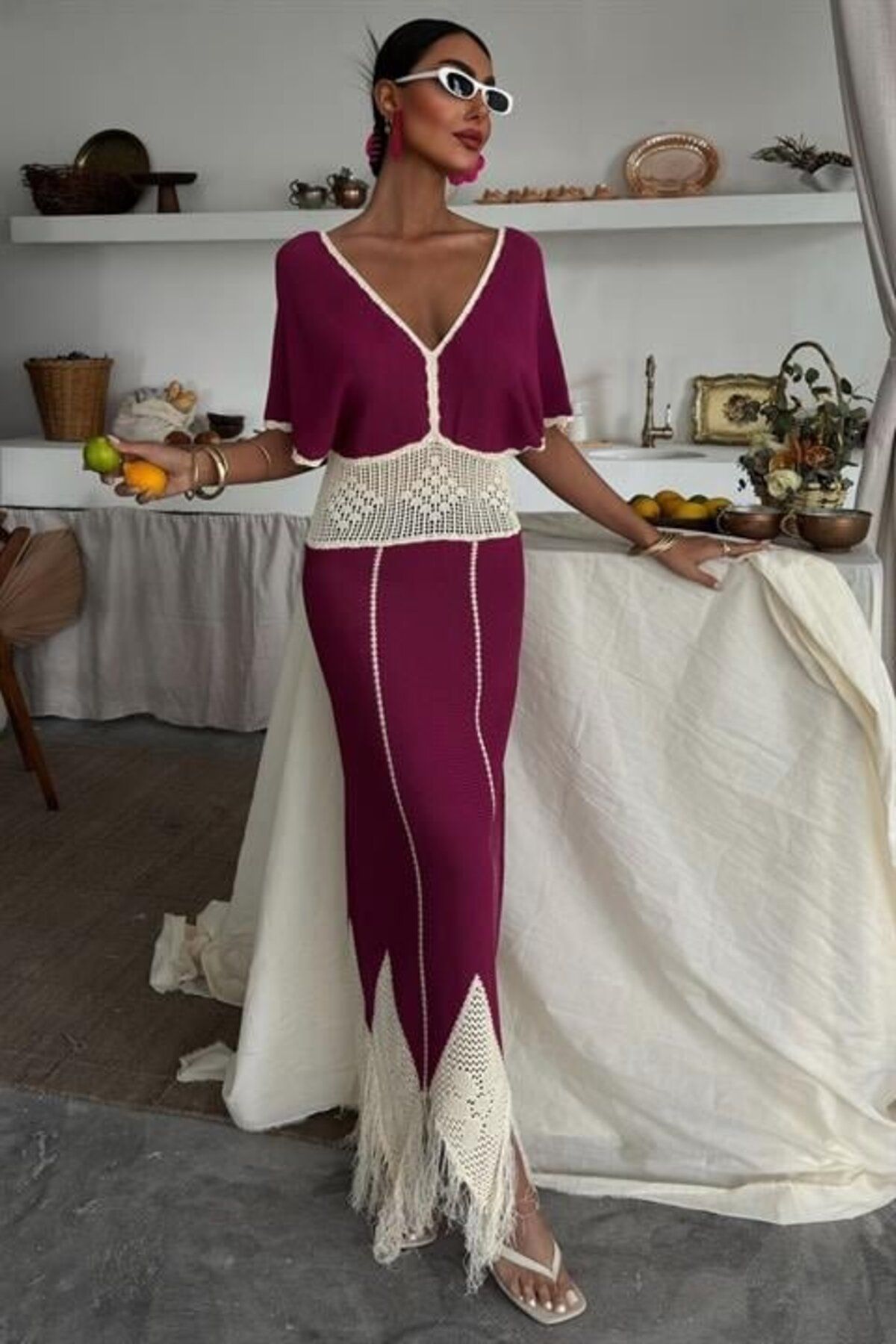 velmorafashion Dantel Desenli V Yaka Triko Elbise 2844