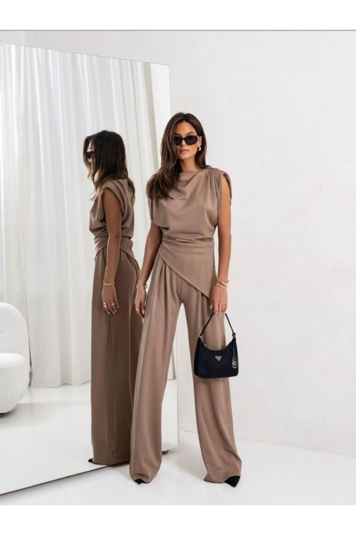 velmorafashion Kadın Dalgıç Kumaş Sıfır Kol Bluz Ve Bol Kesim Pantolon Ikili Takım