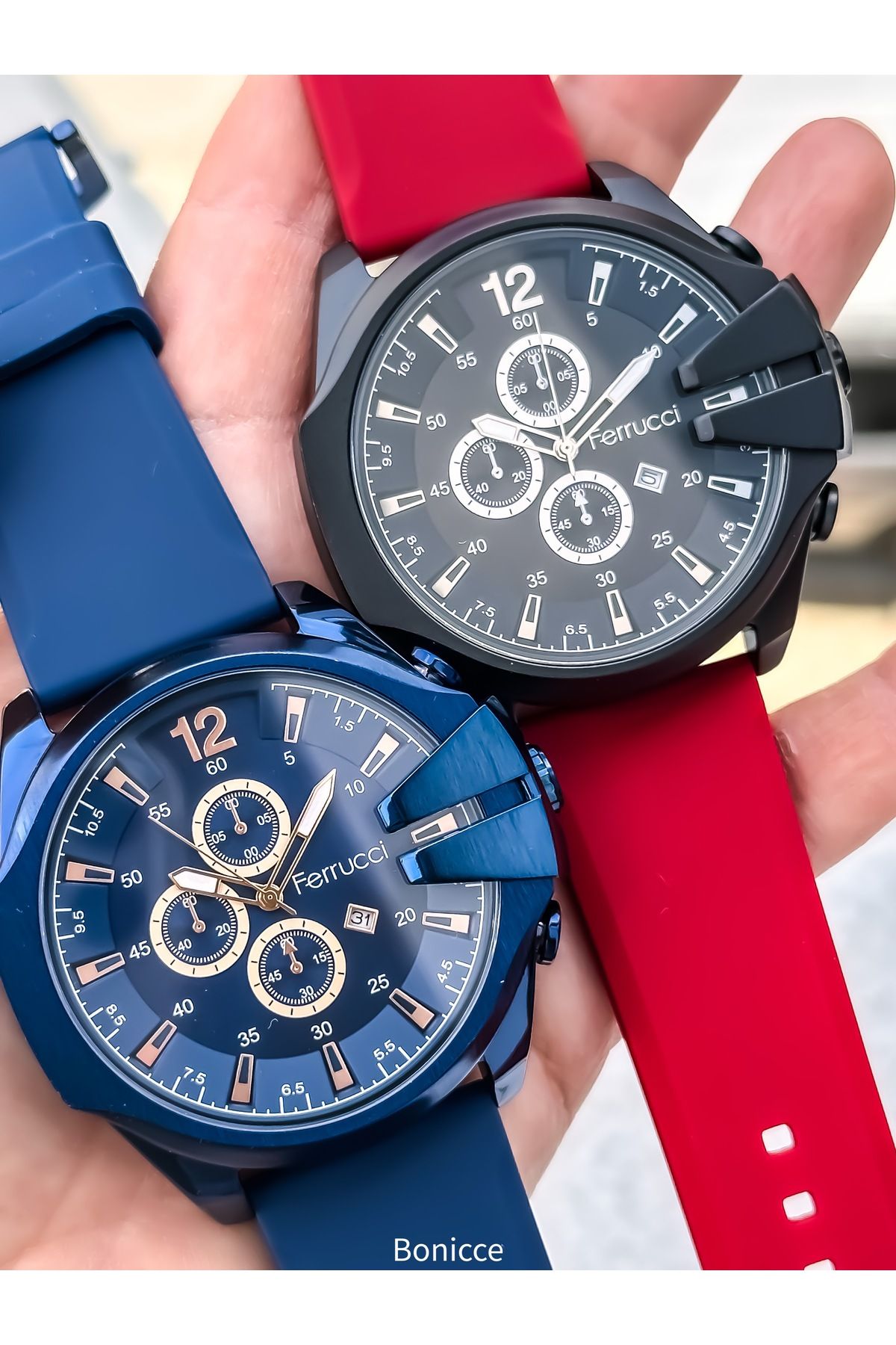 Ferrucci LACİVERT Silikon Kordon, Büyük Kasa (56mm) Spor Model Takvimli Erkek Kol Saati + Bileklik
