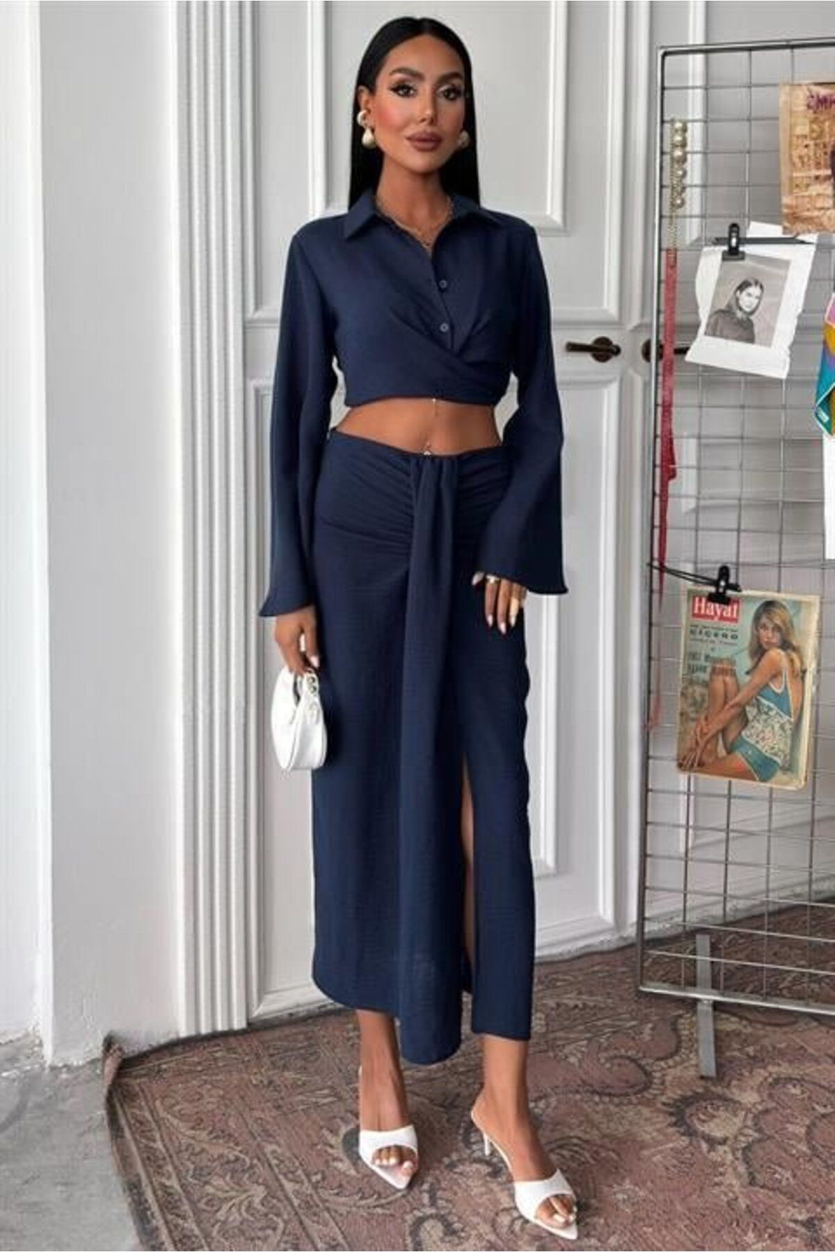 velmorafashion Crop Gömlekli Ve Eteği Büzgülü Tasarım Takım 10195