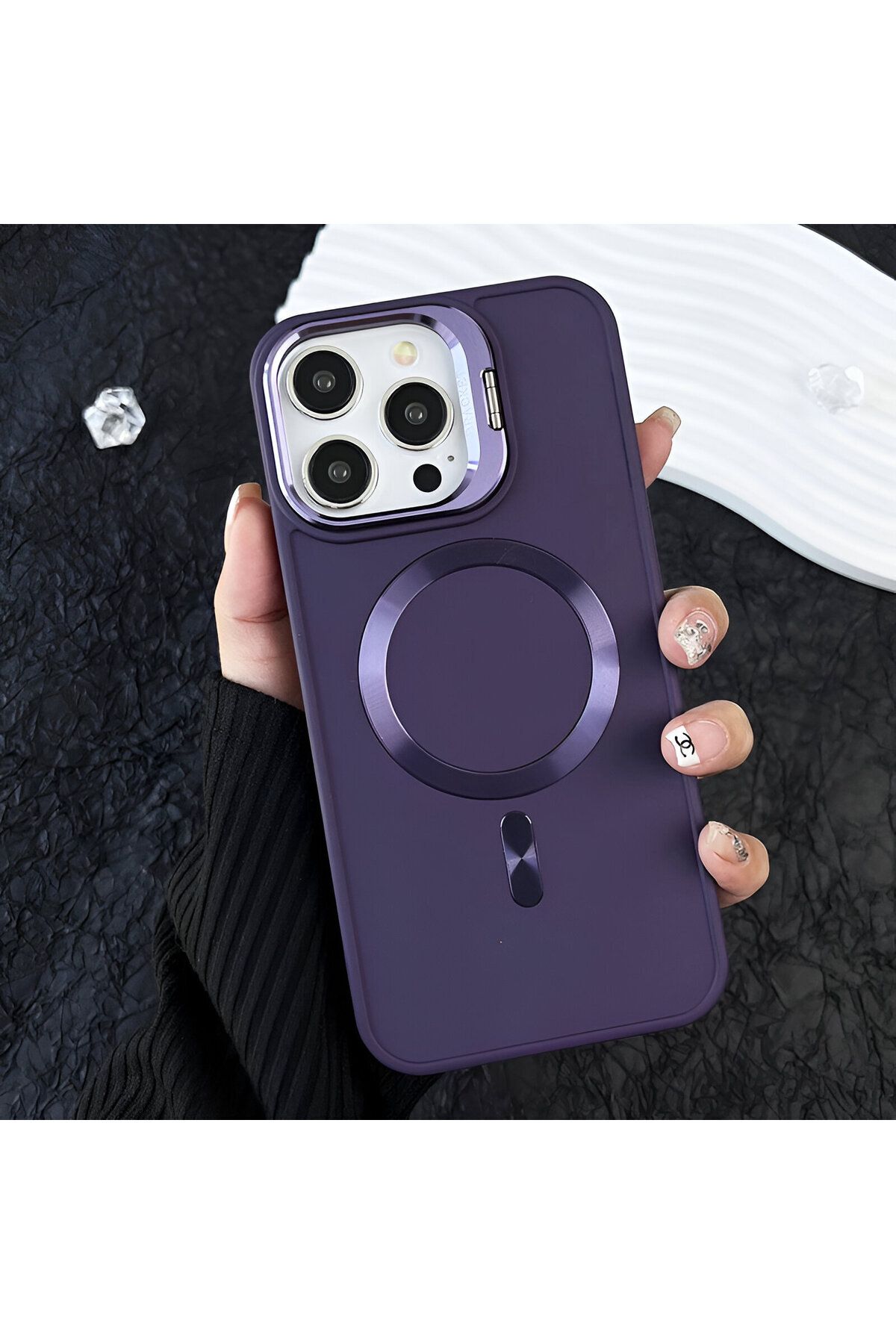 DC TECNO Iphone 14 Pro Max Uyumlu Stant Özellikli Parlak Renkli Lux Magsafe Kılıf Özel Kutulu Lens Hediyeli