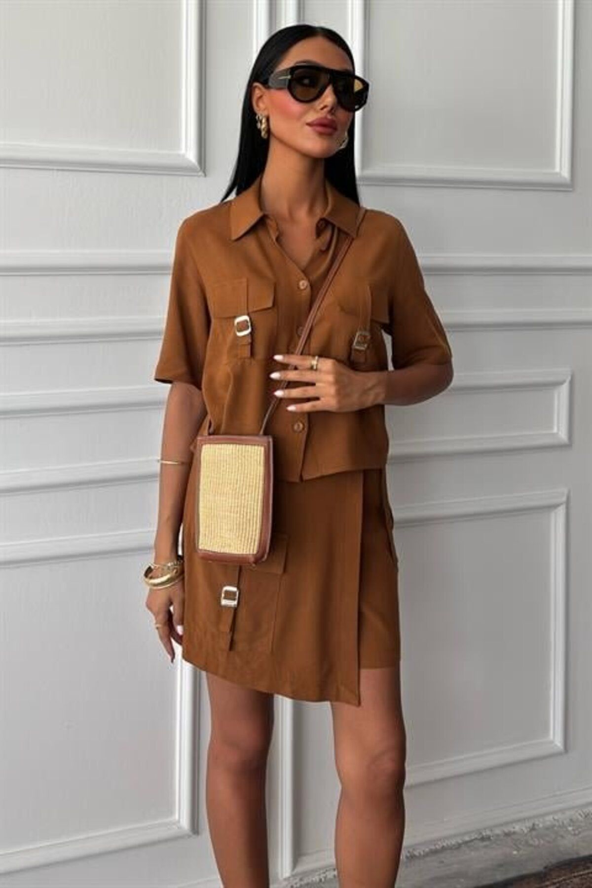velmorafashion Gömlek Şort Etek Viscon Keten Takım 10162