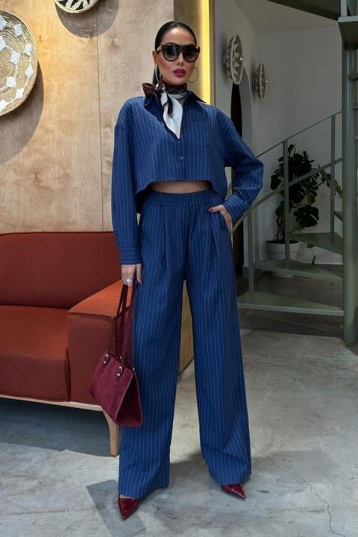 velmorafashion Crop Gömlekli Çizgili Takım 10080
