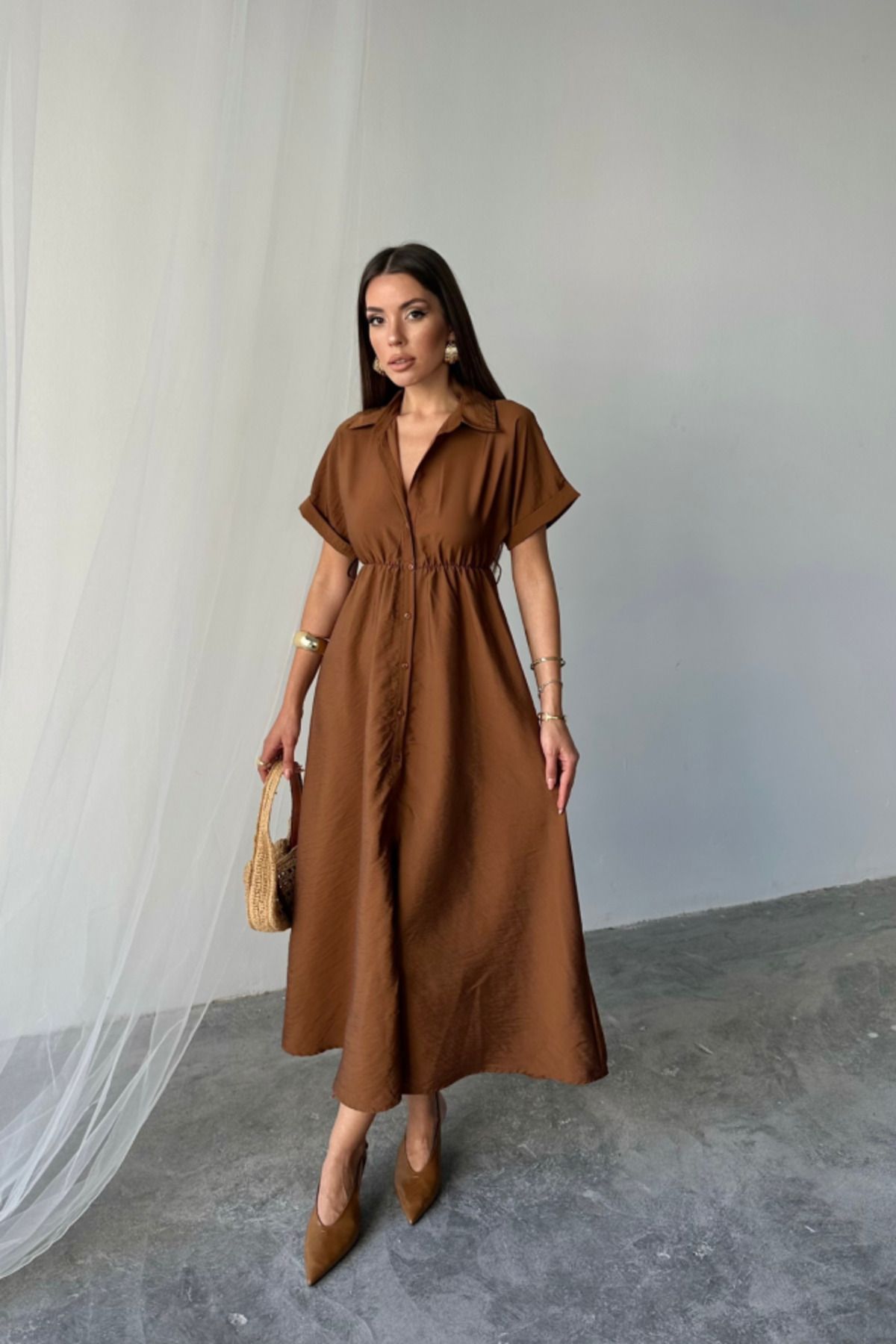 velmorafashion ÖNDEN DÜĞMELİ CRUSHLI MODAL ELBİSE - Kahverengi