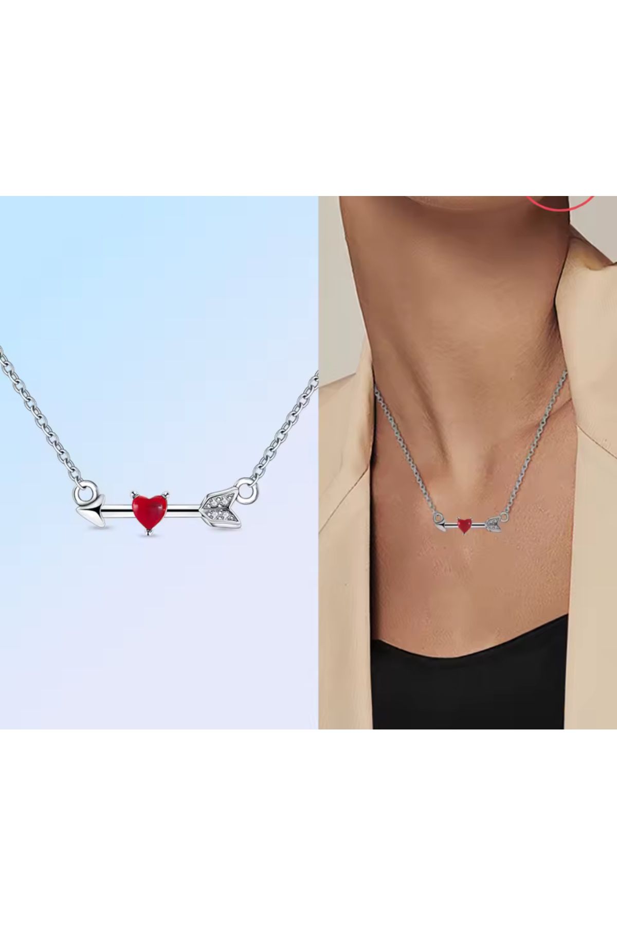 Hector&Co. Jewellery Gümüş Ok ve Kırmızı Murano Kalp Kolye