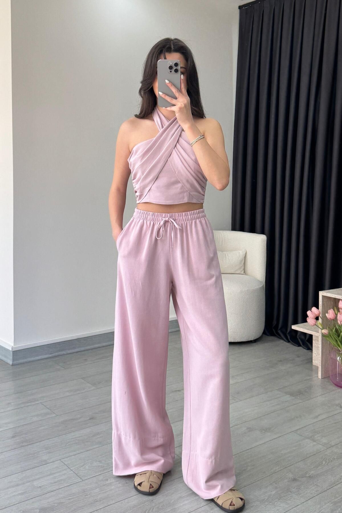 ECEMİ Reina Pembe Boyundan Bağlamalı Keten Takım