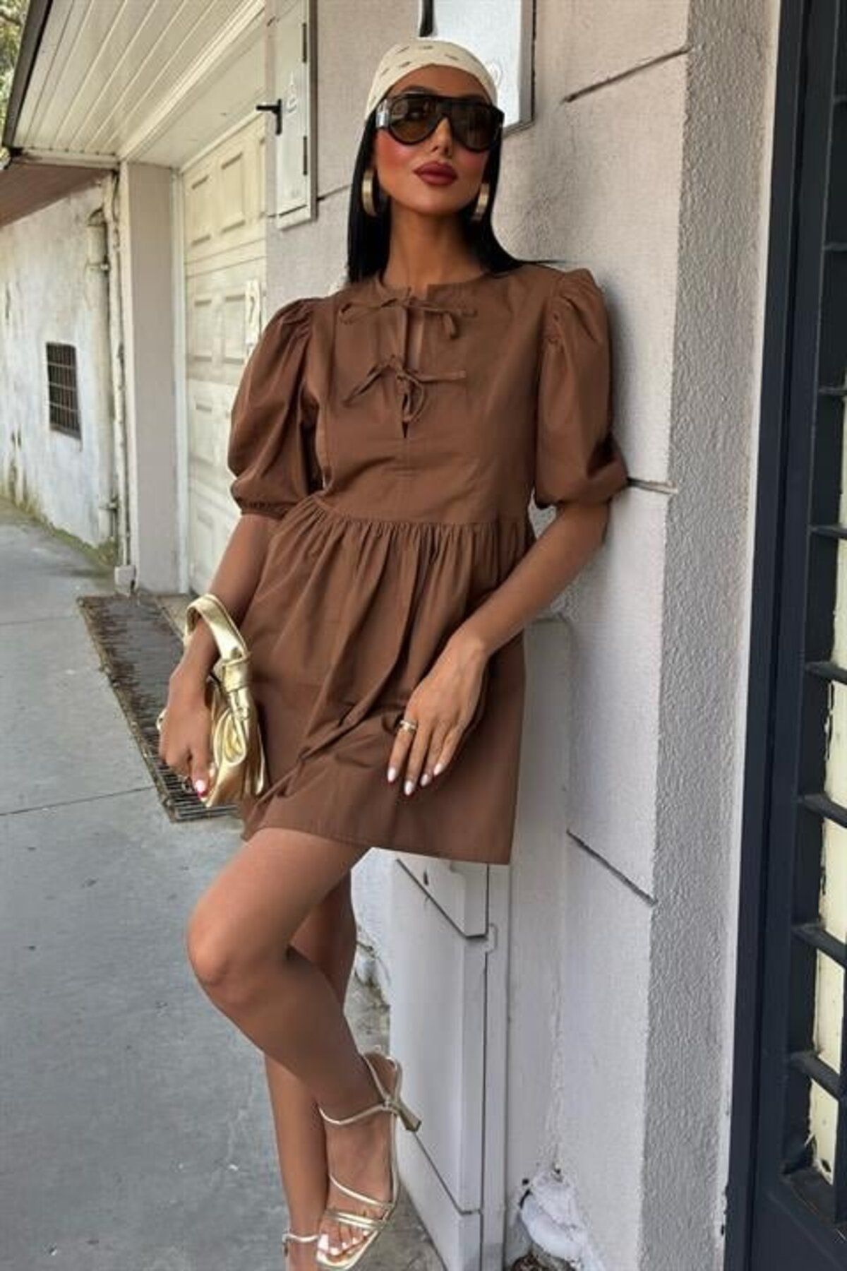 velmorafashion Önü Fiyonk Bağlamalı Ve Balon Kollu Elbise 2893