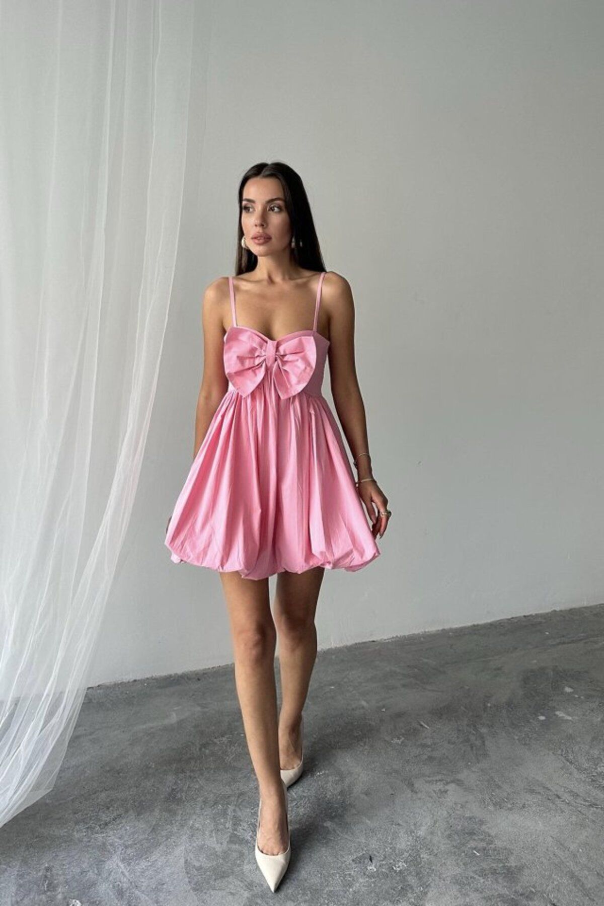 velmorafashion Pembe Önü Fiyonklu Askılı Elbise